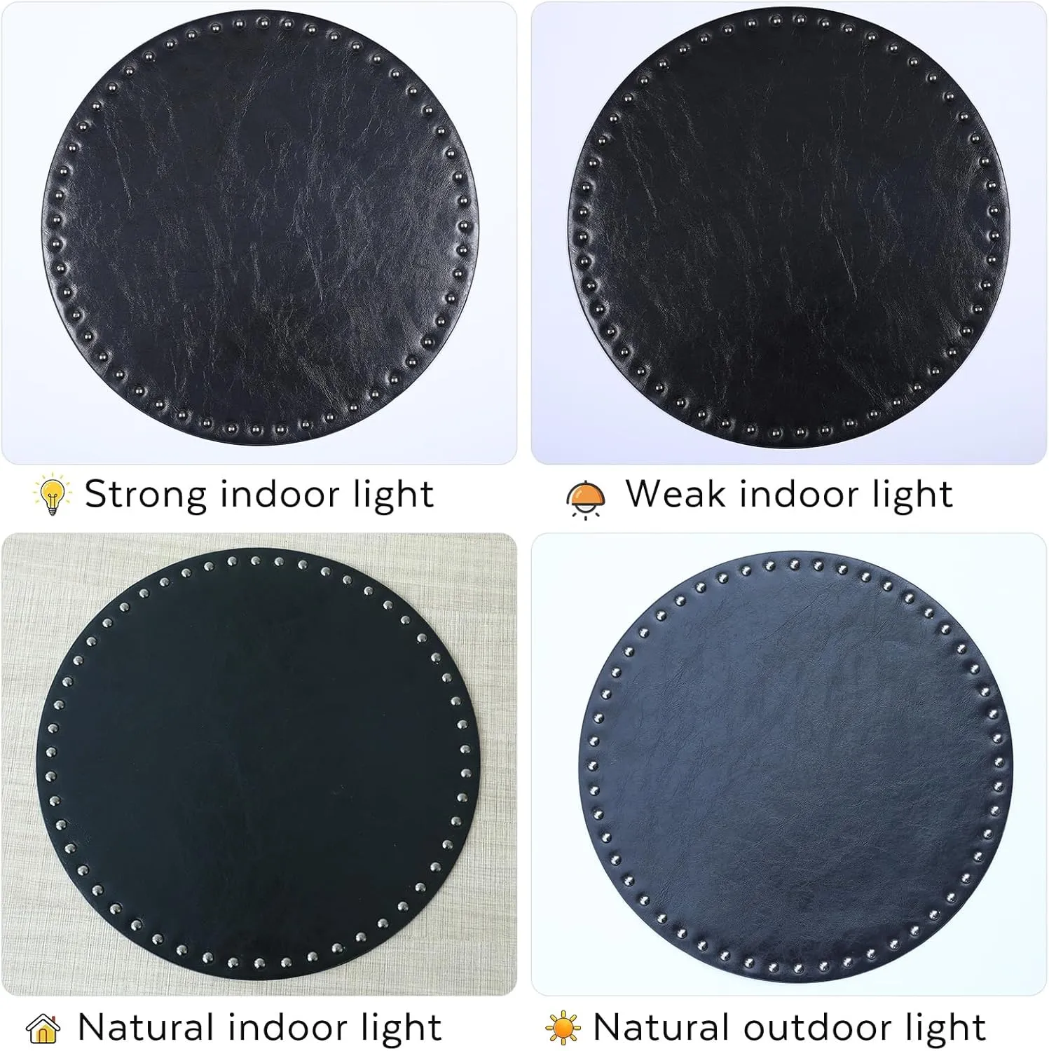 FAVE Black Faux Leather Placemats 13.78Inches Round Placemat Set of 2 Heat Resistant Place Mats for Kitchen Table Wipeable Fall Placemats Table Mats with Rivets High Texture Placemat (Black)