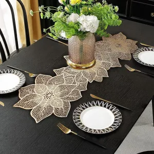 FAVE Gold Table Runners 36 Inches Heat Resistant Table Runner Flower Shaped Vinyl Table Runner Waterproof Washable Table Mats for Party,Wedding (Gold Flower Shaped)