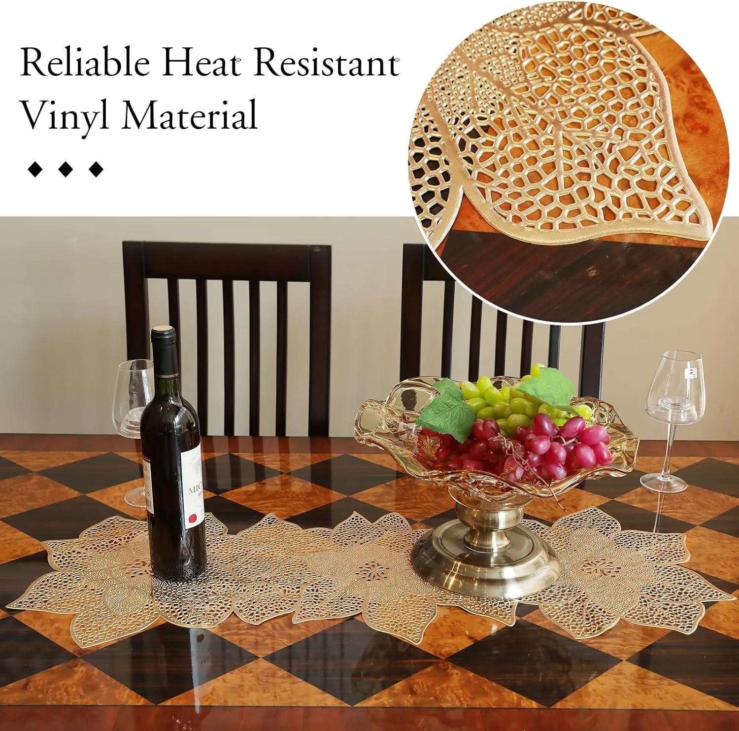 FAVE Gold Table Runners 36 Inches Heat Resistant Table Runner Flower Shaped Vinyl Table Runner Waterproof Washable Table Mats for Party,Wedding (Gold Flower Shaped)