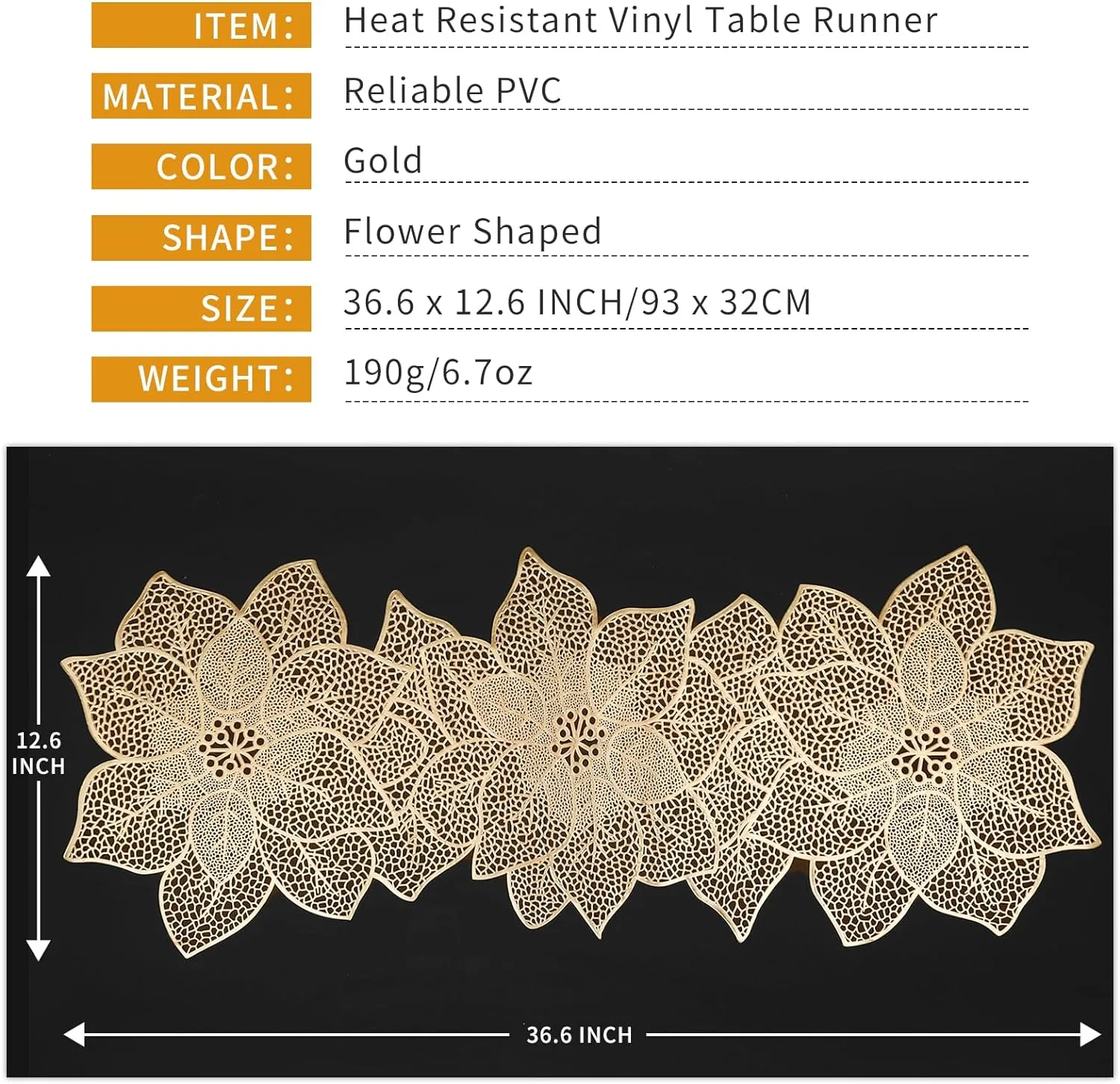 FAVE Gold Table Runners 36 Inches Heat Resistant Table Runner Flower Shaped Vinyl Table Runner Waterproof Washable Table Mats for Party,Wedding (Gold Flower Shaped)
