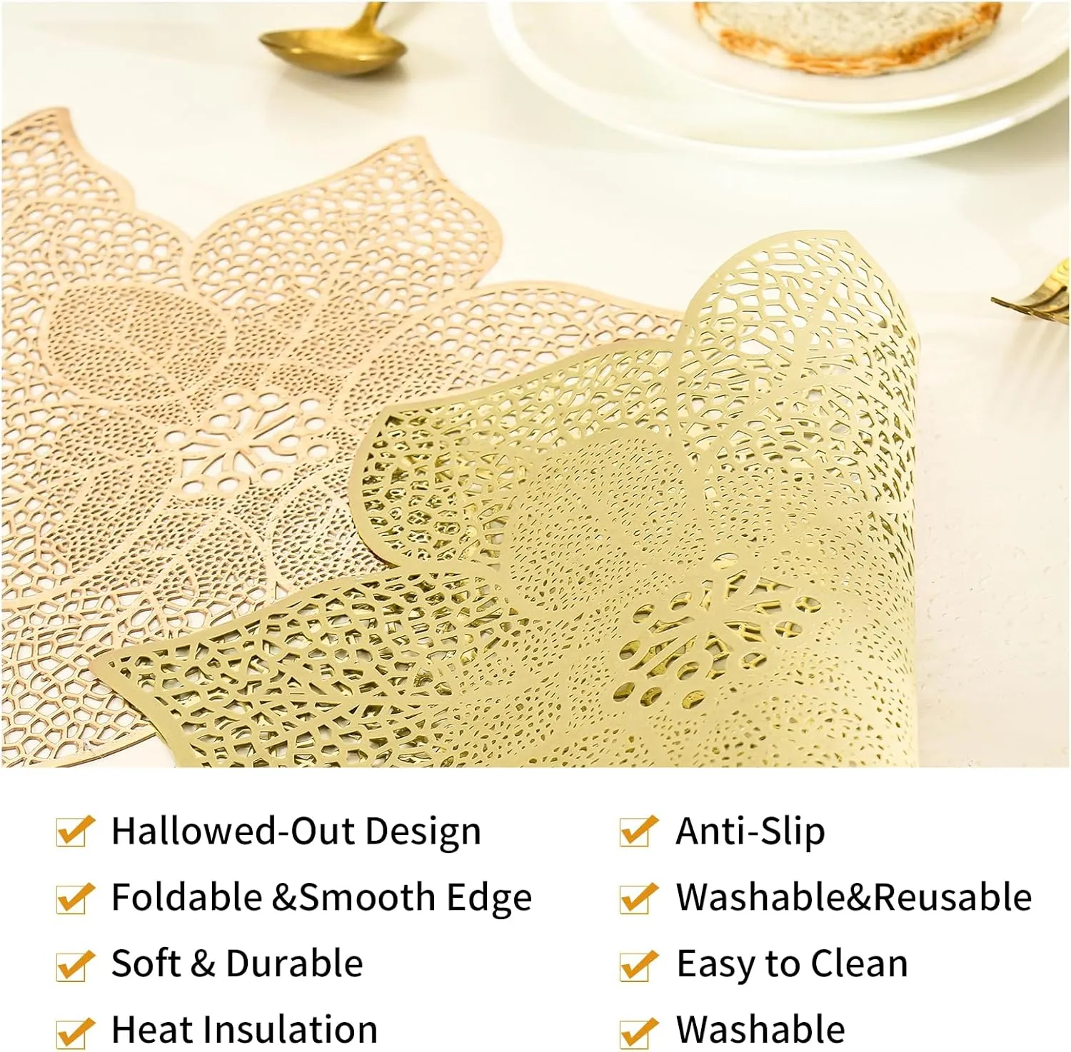 FAVE Gold Table Runners 36 Inches Heat Resistant Table Runner Flower Shaped Vinyl Table Runner Waterproof Washable Table Mats for Party,Wedding (Gold Flower Shaped)