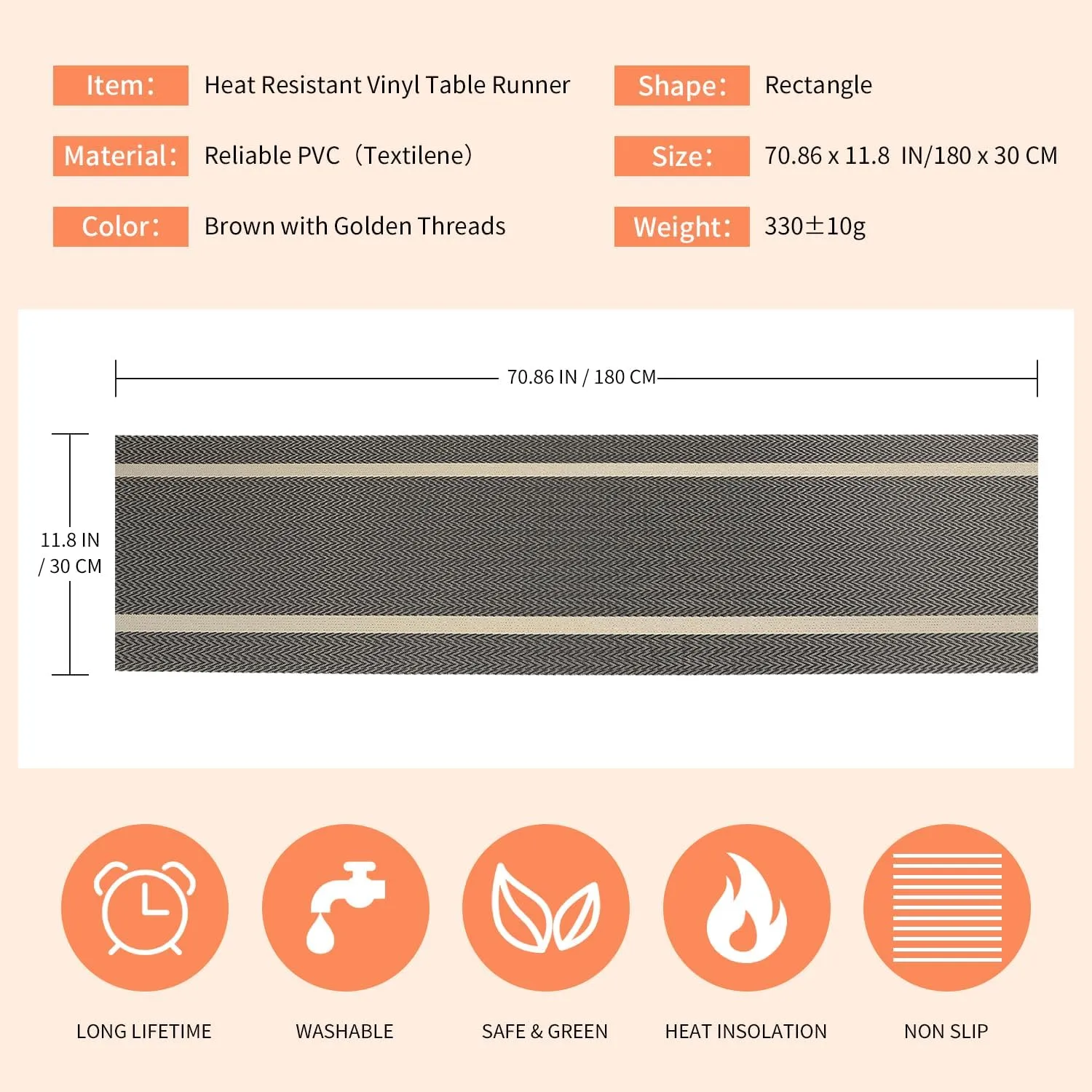 FAVE Woven Vinyl Table Runner 72x12 Inches Heat Resistant Table Runner Wipeable WaterproofBrown Table Runner Woven with Golden Threads (Brown-72x12)