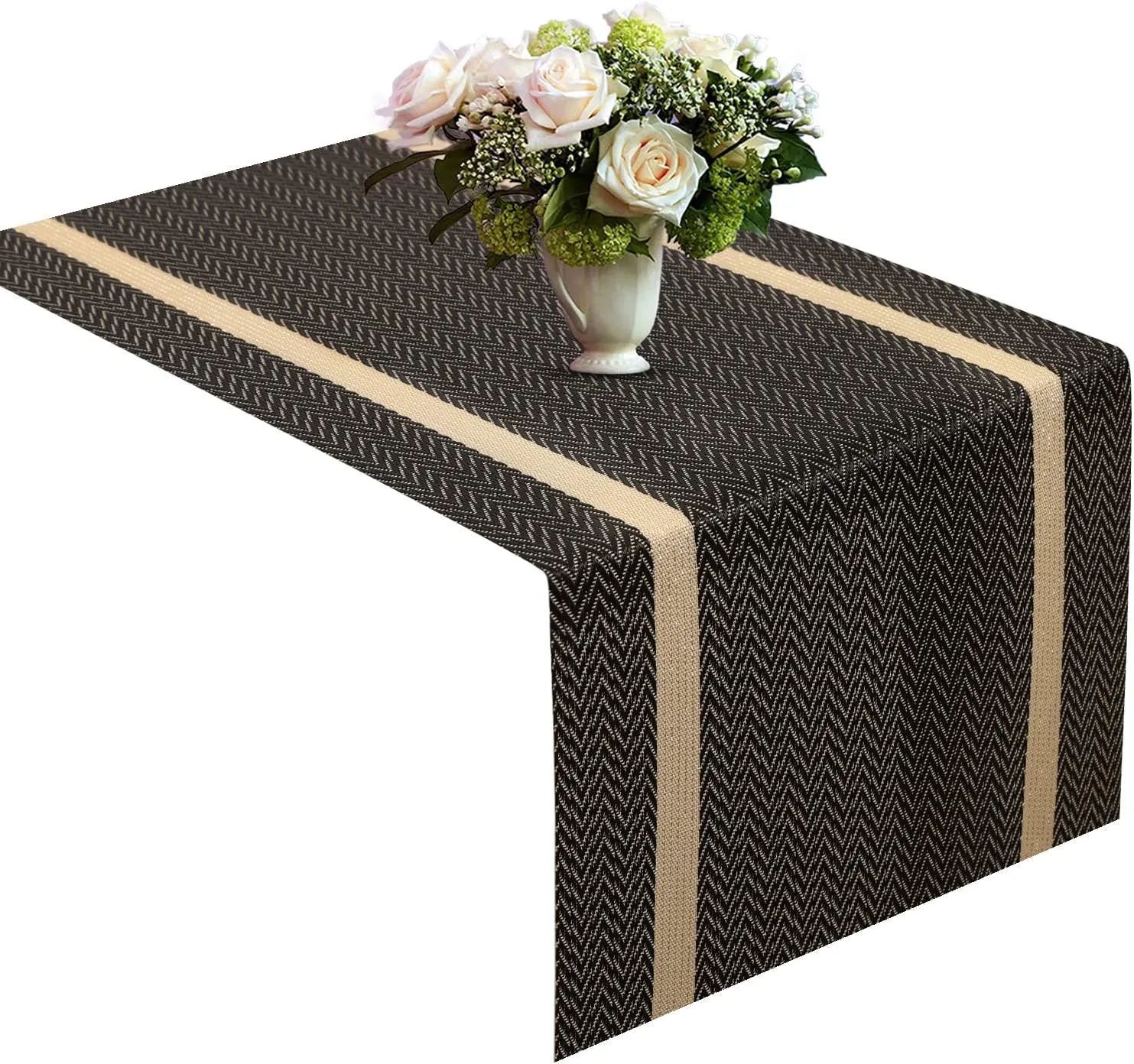 FAVE Woven Vinyl Table Runner 72x12 Inches Heat Resistant Table Runner Wipeable WaterproofBrown Table Runner Woven with Golden Threads (Brown-72x12)
