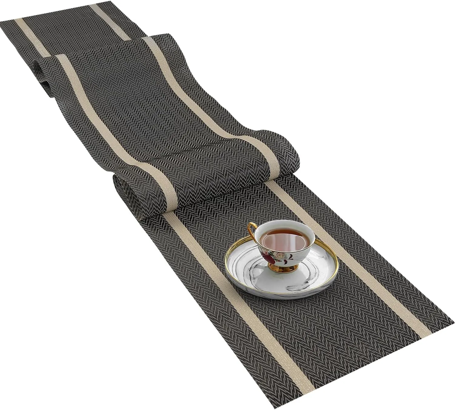 FAVE Woven Vinyl Table Runner 72x12 Inches Heat Resistant Table Runner Wipeable WaterproofBrown Table Runner Woven with Golden Threads (Brown-72x12)