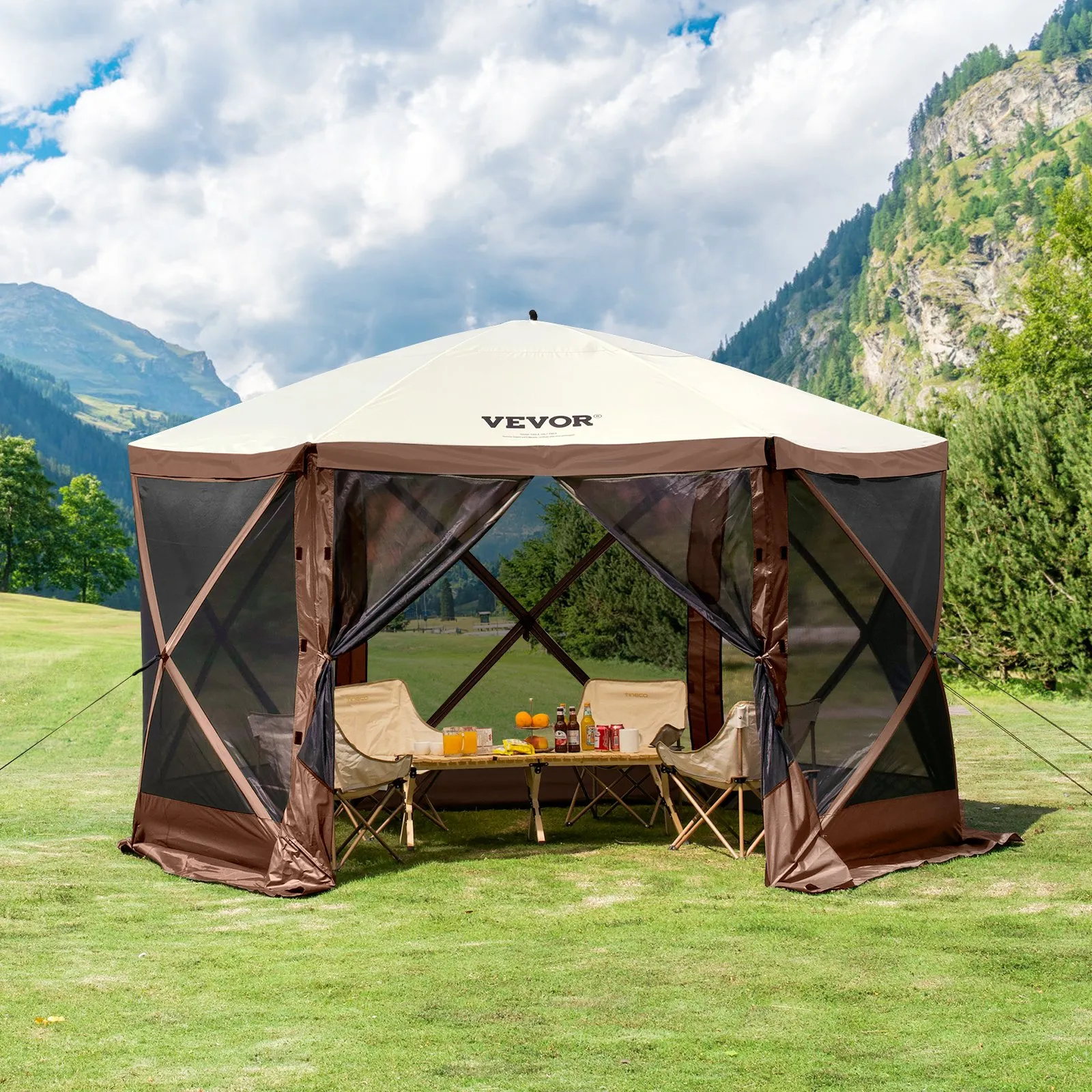 (FINAL PRICES ARE LOWER ON OUR SITE!) VEVOR Pop Up Gazebo Tent, Pop-Up Screen Tent 6 Sided Canopy Sun Shelter with 6 Removable Privacy Wind Cloths & Mesh Windows, 12.5x12.5FT Quick Set Screen Tent with Mosquito Netting, Brown