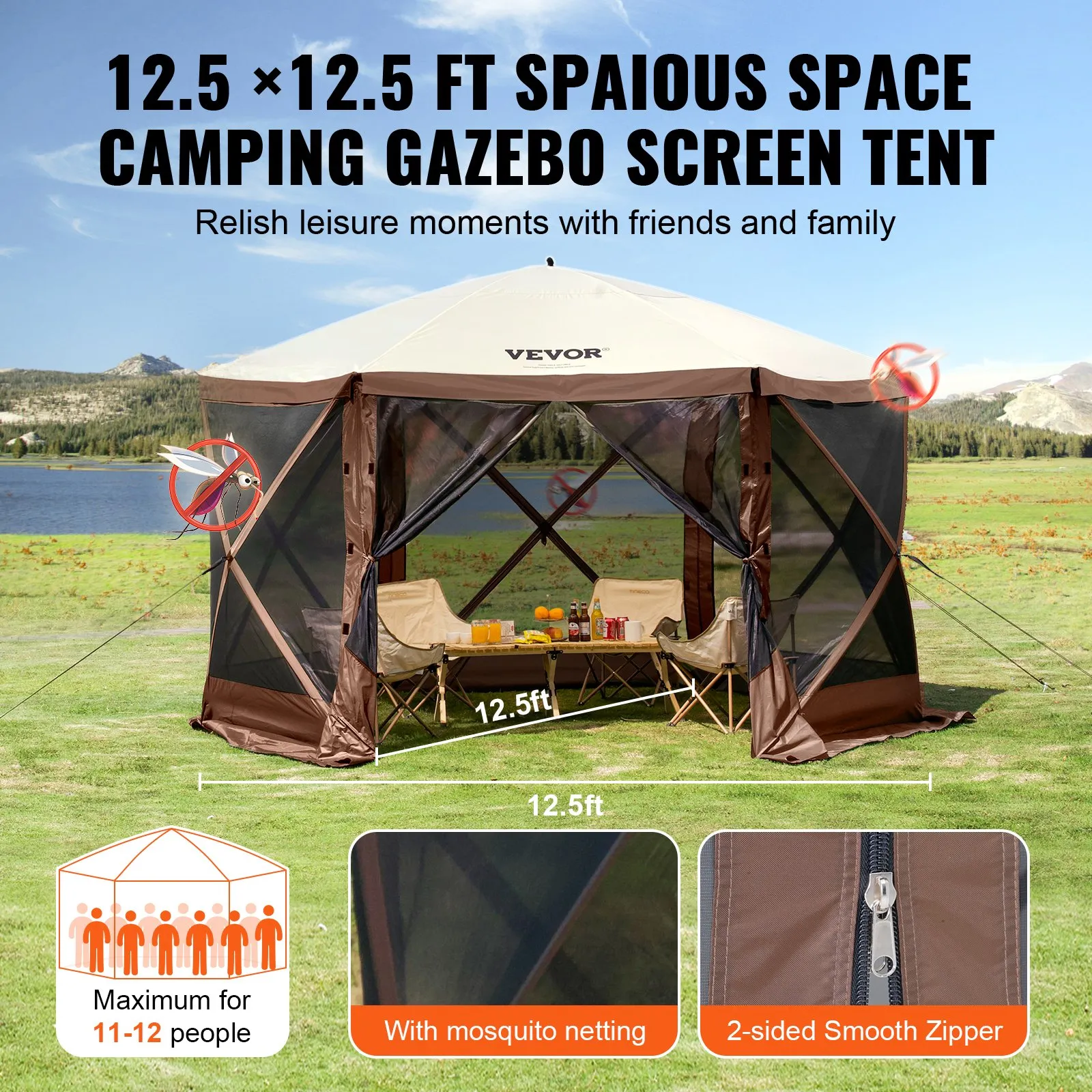 (FINAL PRICES ARE LOWER ON OUR SITE!) VEVOR Pop Up Gazebo Tent, Pop-Up Screen Tent 6 Sided Canopy Sun Shelter with 6 Removable Privacy Wind Cloths & Mesh Windows, 12.5x12.5FT Quick Set Screen Tent with Mosquito Netting, Brown