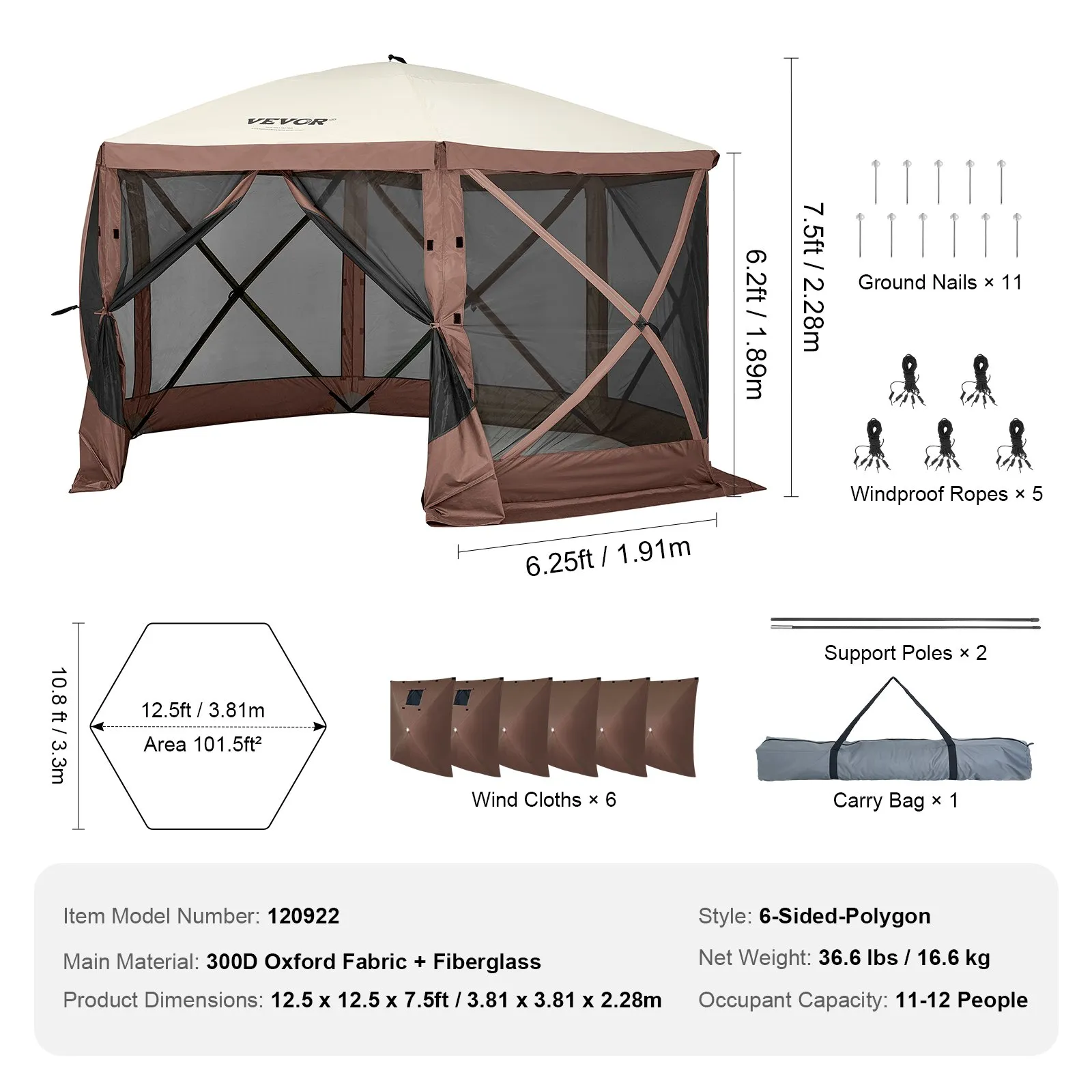 (FINAL PRICES ARE LOWER ON OUR SITE!) VEVOR Pop Up Gazebo Tent, Pop-Up Screen Tent 6 Sided Canopy Sun Shelter with 6 Removable Privacy Wind Cloths & Mesh Windows, 12.5x12.5FT Quick Set Screen Tent with Mosquito Netting, Brown