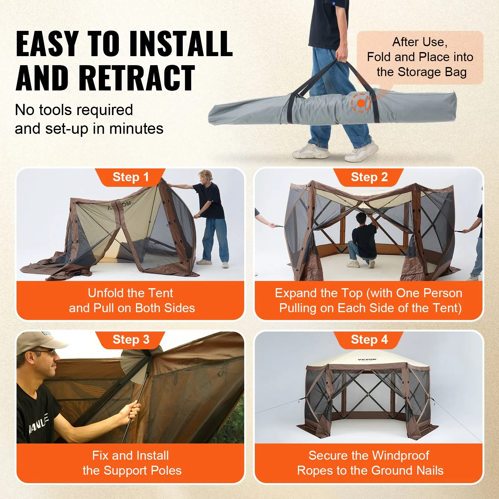 (FINAL PRICES ARE LOWER ON OUR SITE!) VEVOR Pop Up Gazebo Tent, Pop-Up Screen Tent 6 Sided Canopy Sun Shelter with 6 Removable Privacy Wind Cloths & Mesh Windows, 12.5x12.5FT Quick Set Screen Tent with Mosquito Netting, Brown