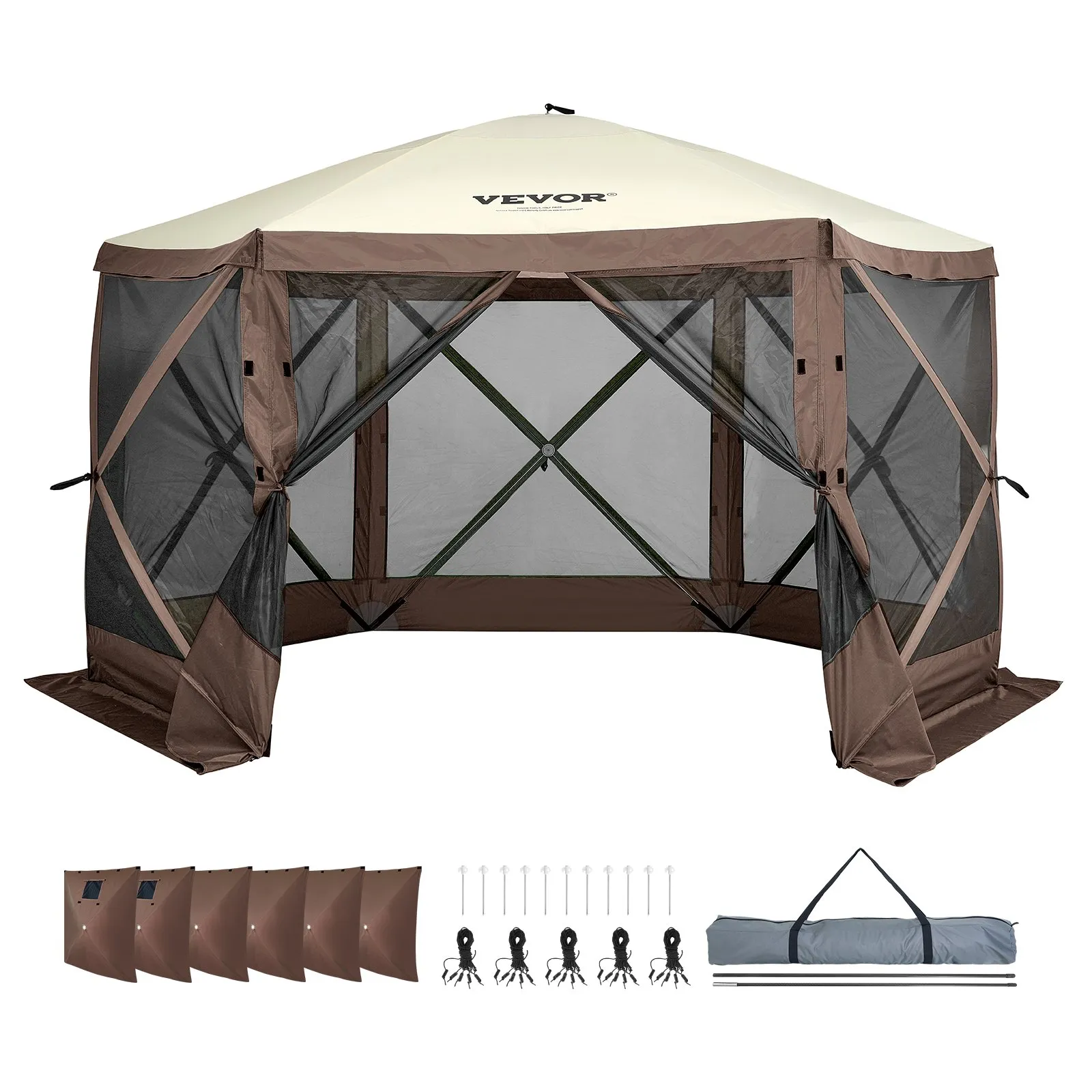 (FINAL PRICES ARE LOWER ON OUR SITE!) VEVOR Pop Up Gazebo Tent, Pop-Up Screen Tent 6 Sided Canopy Sun Shelter with 6 Removable Privacy Wind Cloths & Mesh Windows, 12.5x12.5FT Quick Set Screen Tent with Mosquito Netting, Brown
