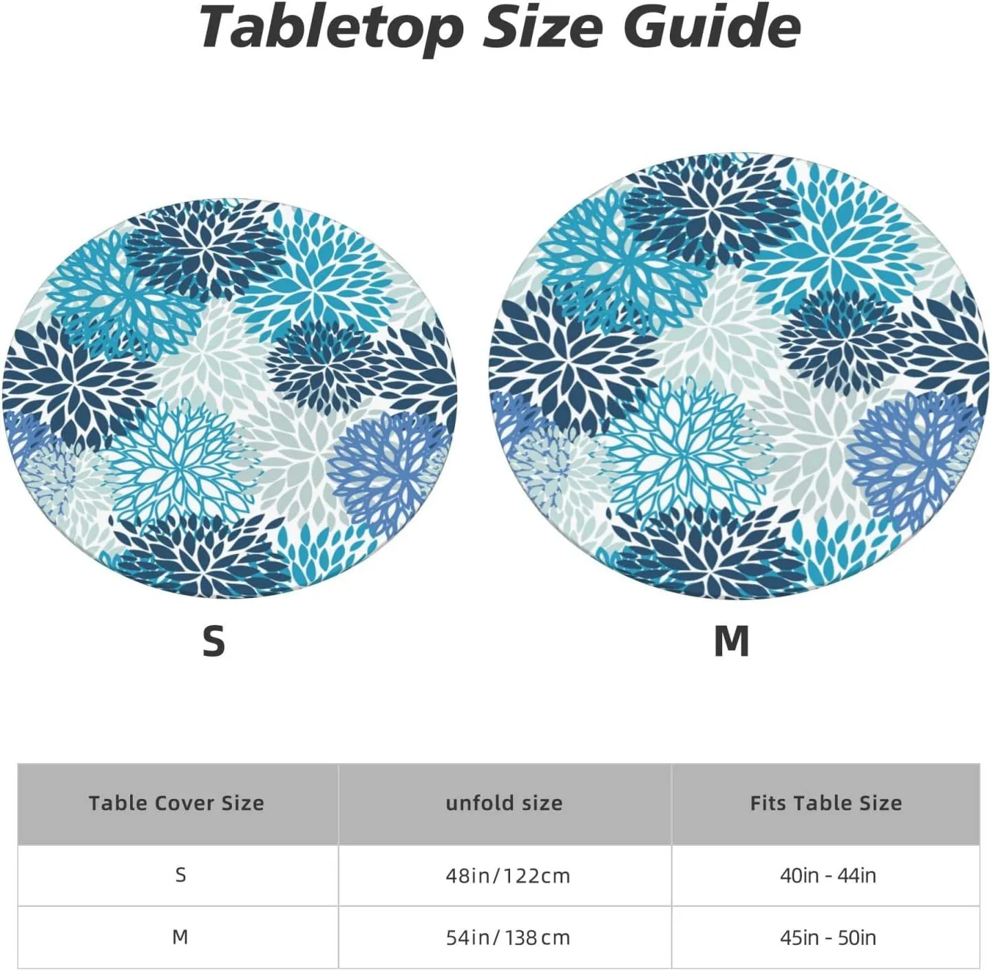Fiokroo Blue and Navy Chrysanthemum Flowers Tablecloth with Elastic Edge, Round Table Cloth Daisy Floral Washable Reusable Table Cover for Kitchen Dining Party Picnic, Small (Suitable for 40-44 in)
