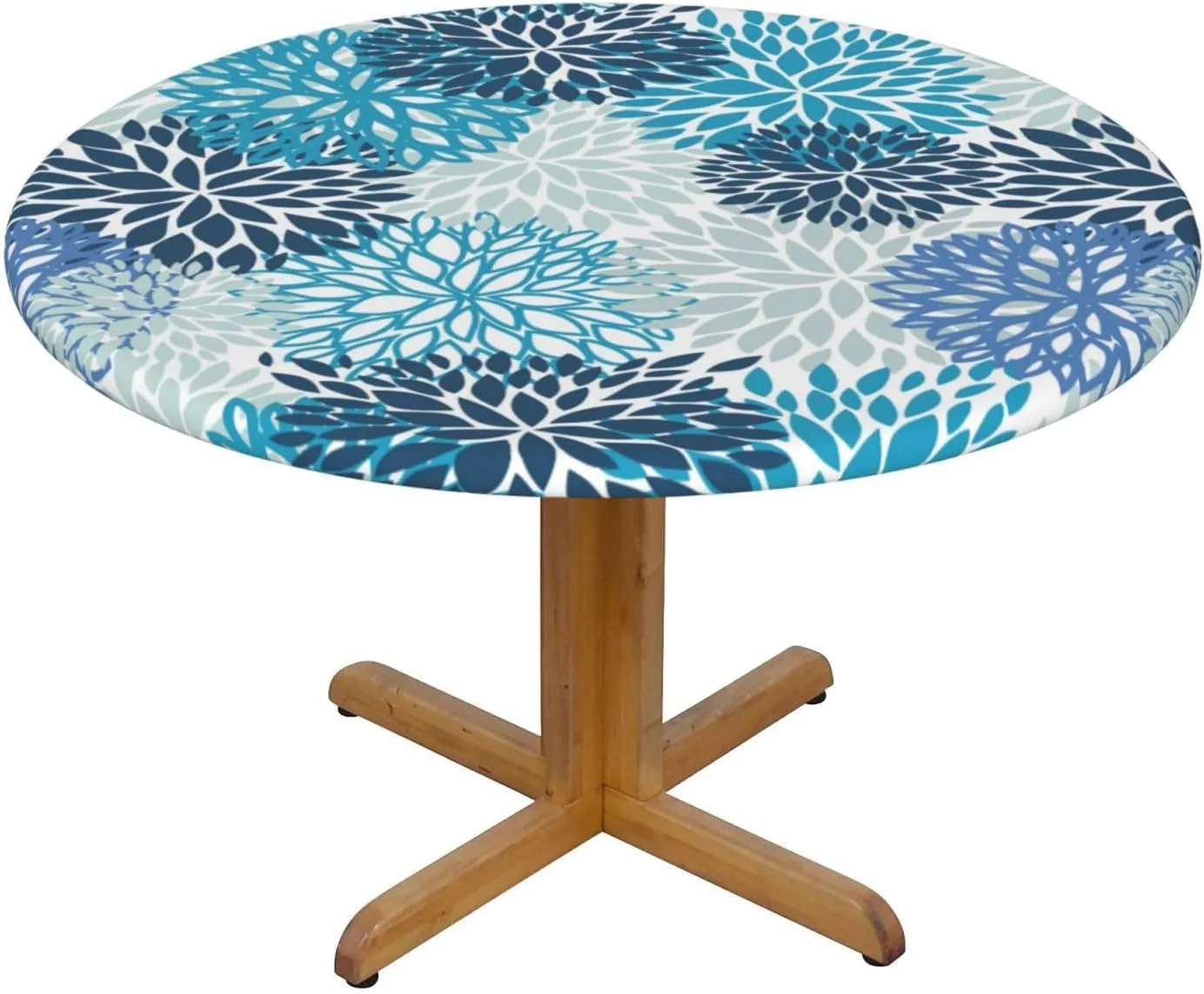 Fiokroo Blue and Navy Chrysanthemum Flowers Tablecloth with Elastic Edge, Round Table Cloth Daisy Floral Washable Reusable Table Cover for Kitchen Dining Party Picnic, Small (Suitable for 40-44 in)