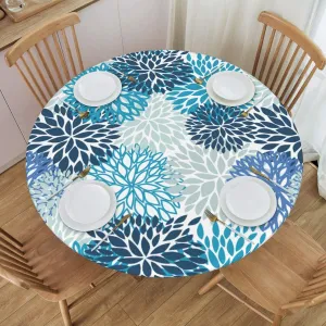 Fiokroo Blue and Navy Chrysanthemum Flowers Tablecloth with Elastic Edge, Round Table Cloth Daisy Floral Washable Reusable Table Cover for Kitchen Dining Party Picnic, Small (Suitable for 40-44 in)