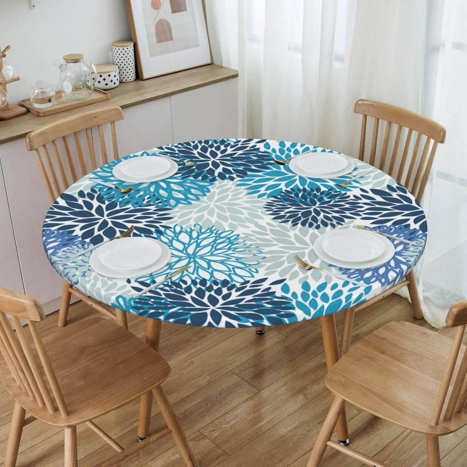 Fiokroo Blue and Navy Chrysanthemum Flowers Tablecloth with Elastic Edge, Round Table Cloth Daisy Floral Washable Reusable Table Cover for Kitchen Dining Party Picnic, Small (Suitable for 40-44 in)