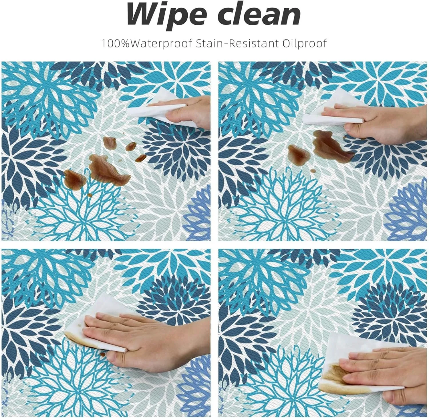 Fiokroo Blue and Navy Chrysanthemum Flowers Tablecloth with Elastic Edge, Round Table Cloth Daisy Floral Washable Reusable Table Cover for Kitchen Dining Party Picnic, Small (Suitable for 40-44 in)