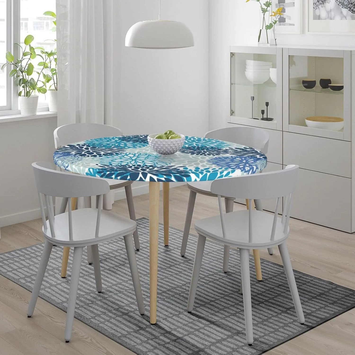 Fiokroo Blue and Navy Chrysanthemum Flowers Tablecloth with Elastic Edge, Round Table Cloth Daisy Floral Washable Reusable Table Cover for Kitchen Dining Party Picnic, Small (Suitable for 40-44 in)