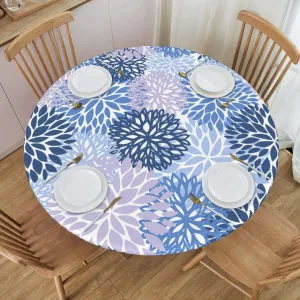 Fiokroo Blue Grey and Navy Chrysanthemum Flowers Tablecloth with Elastic Edge, Round Table Cloth Daisy Floral Washable Reusable Table Cover for Kitchen Dining Party Picnic, Small