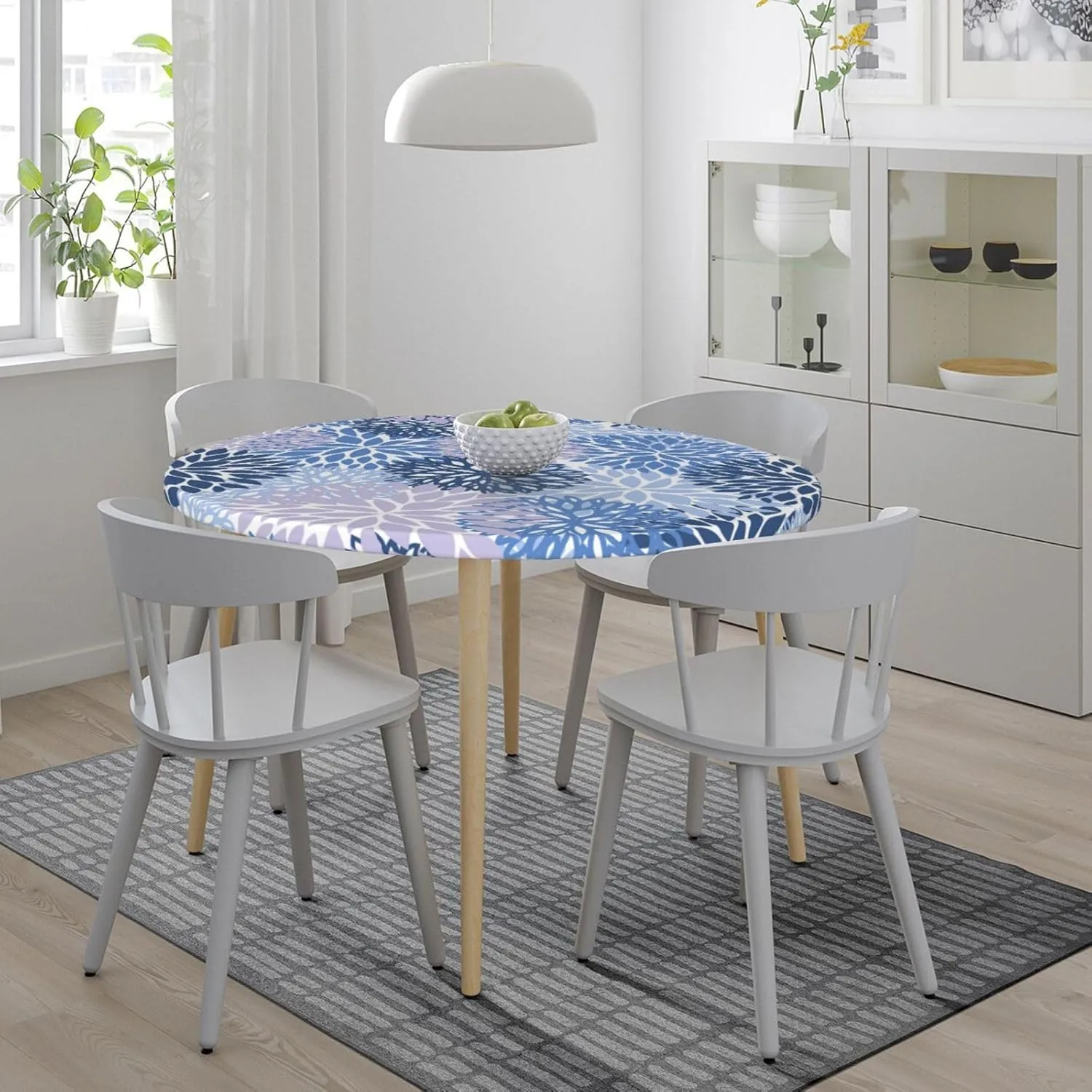 Fiokroo Blue Grey and Navy Chrysanthemum Flowers Tablecloth with Elastic Edge, Round Table Cloth Daisy Floral Washable Reusable Table Cover for Kitchen Dining Party Picnic, Small