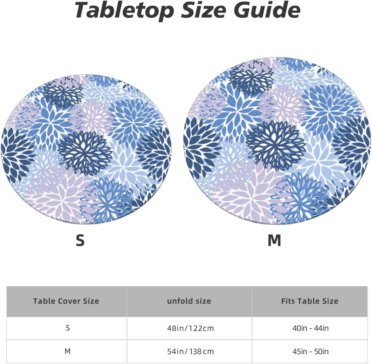 Fiokroo Blue Grey and Navy Chrysanthemum Flowers Tablecloth with Elastic Edge, Round Table Cloth Daisy Floral Washable Reusable Table Cover for Kitchen Dining Party Picnic, Small