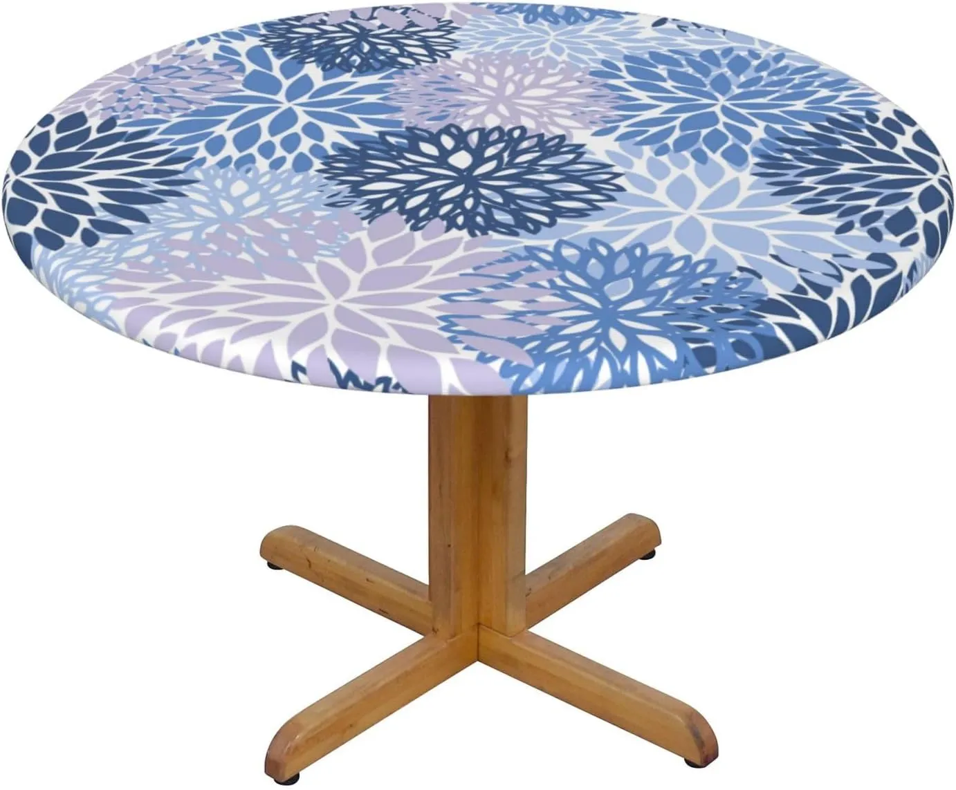 Fiokroo Blue Grey and Navy Chrysanthemum Flowers Tablecloth with Elastic Edge, Round Table Cloth Daisy Floral Washable Reusable Table Cover for Kitchen Dining Party Picnic, Small