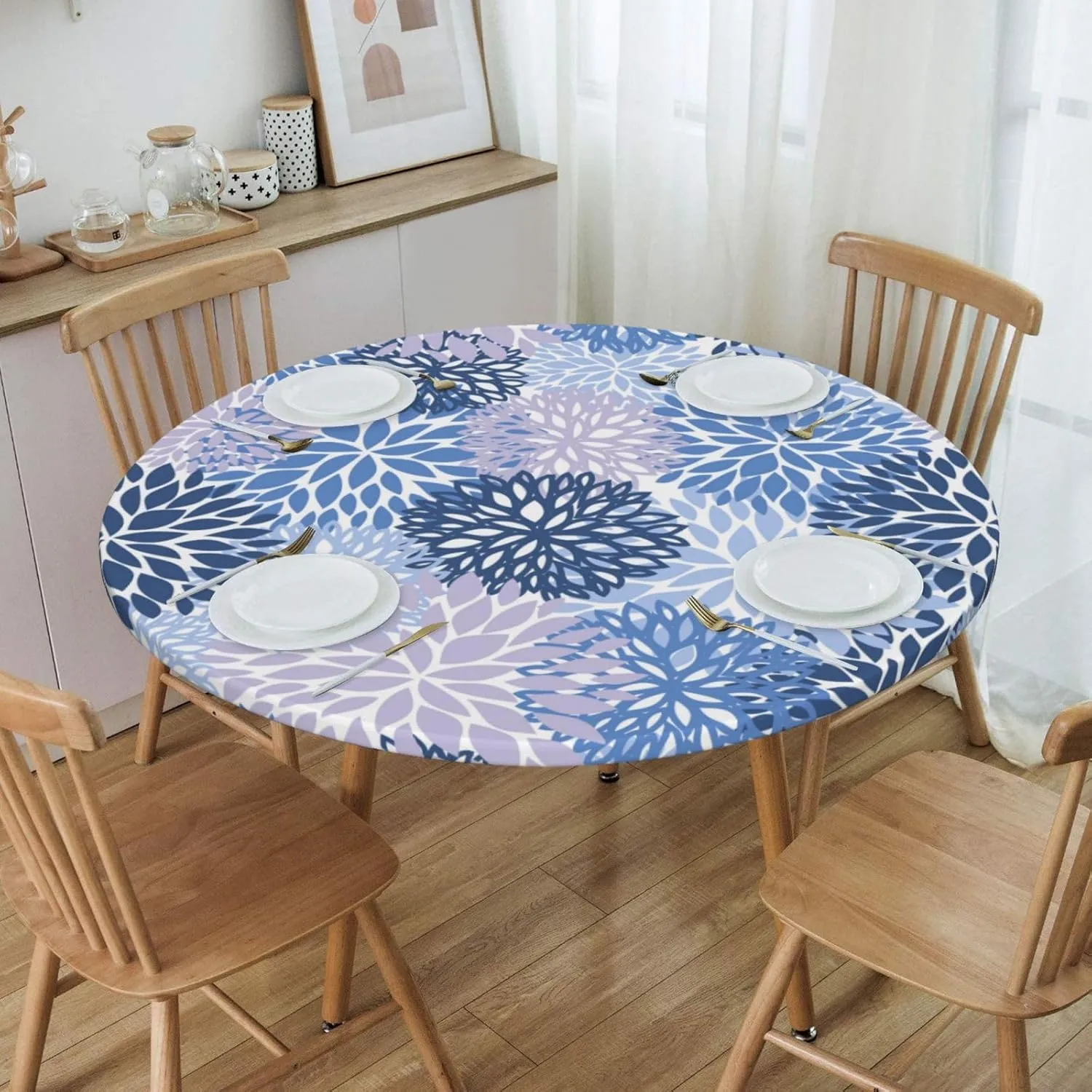 Fiokroo Blue Grey and Navy Chrysanthemum Flowers Tablecloth with Elastic Edge, Round Table Cloth Daisy Floral Washable Reusable Table Cover for Kitchen Dining Party Picnic, Small