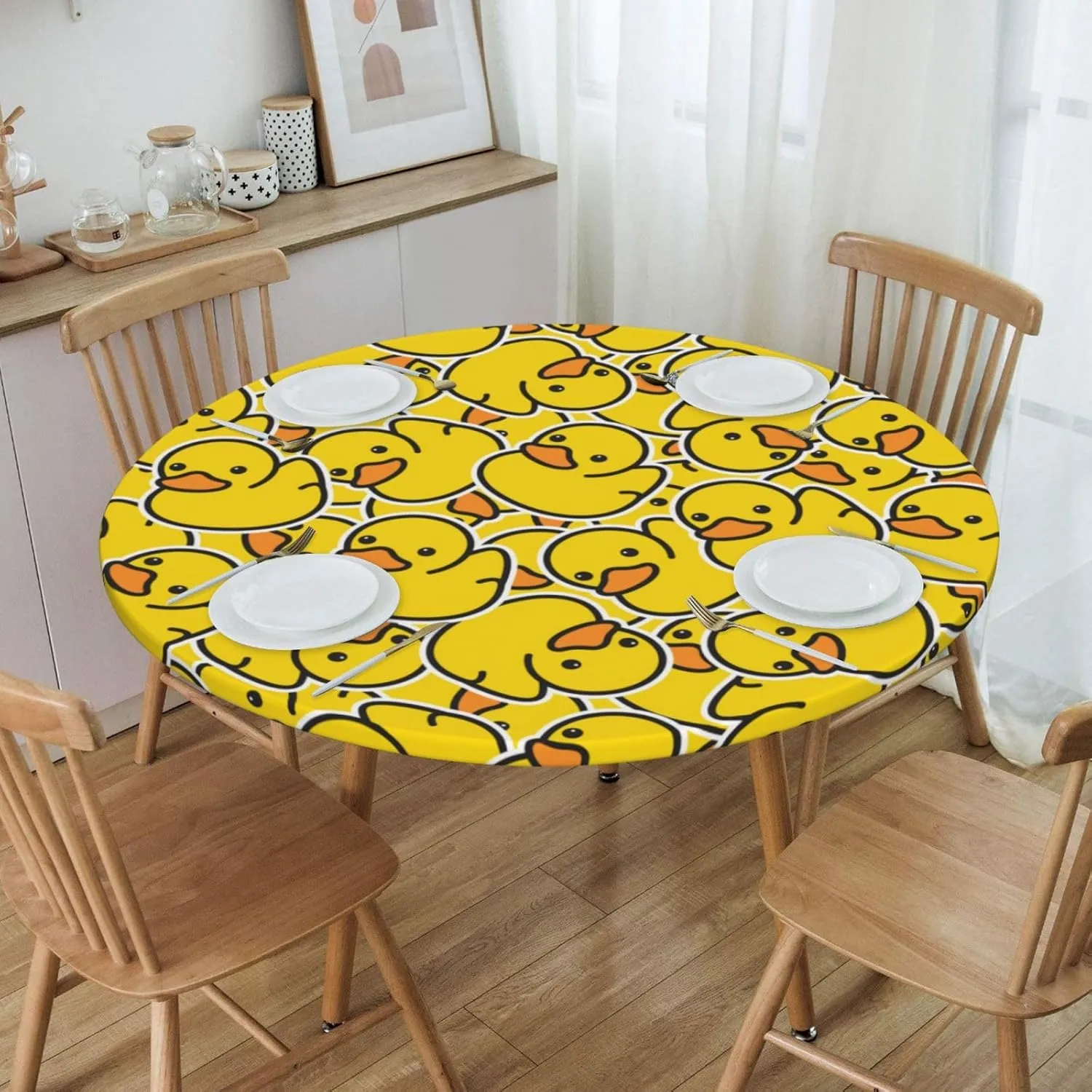 Fiokroo Cute Rubber Ducks Tablecloth with Elastic Edge, Round Table Cloth Yellow Cartoon Ducky Washable Reusable Table Cover for Kitchen Dining Party Picnic, Small (Suitable for 40-44 in)