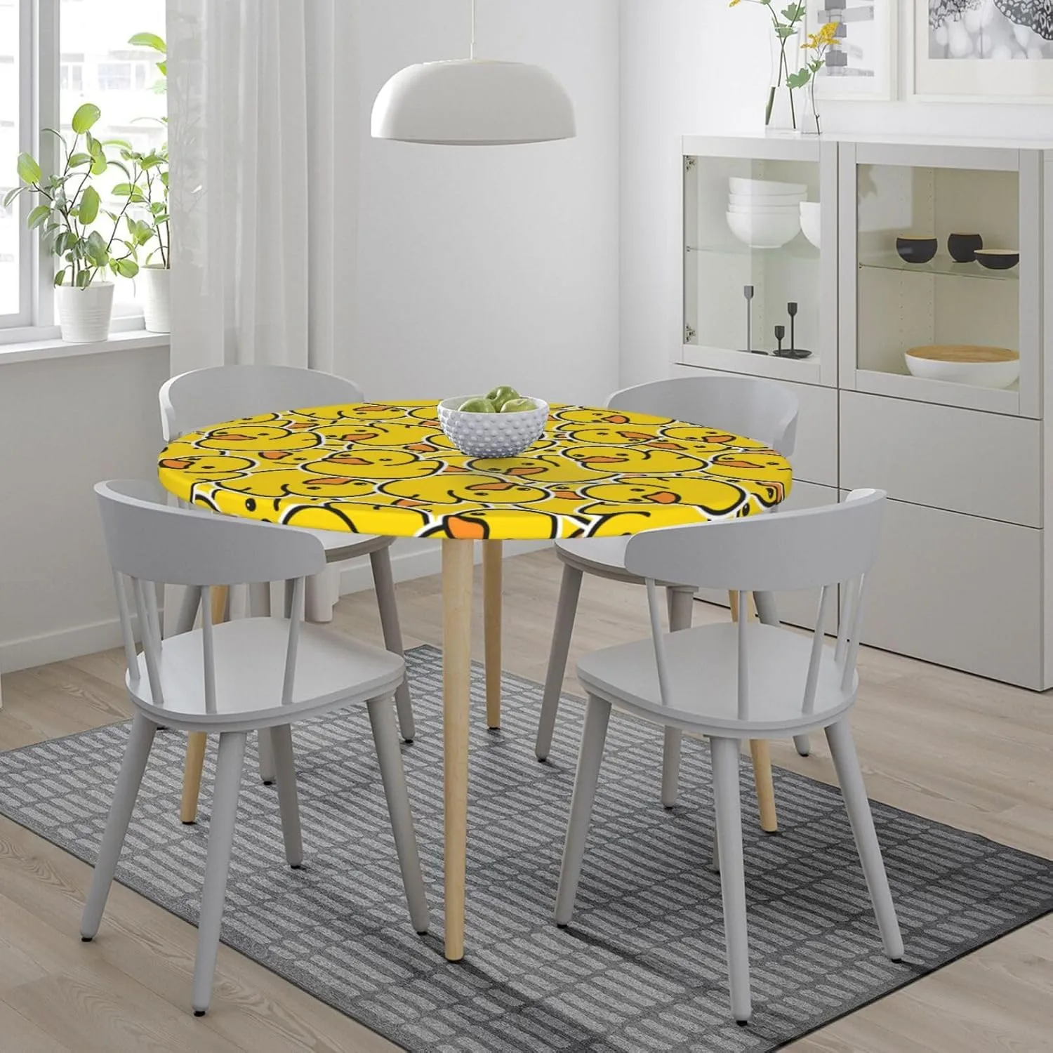 Fiokroo Cute Rubber Ducks Tablecloth with Elastic Edge, Round Table Cloth Yellow Cartoon Ducky Washable Reusable Table Cover for Kitchen Dining Party Picnic, Small (Suitable for 40-44 in)