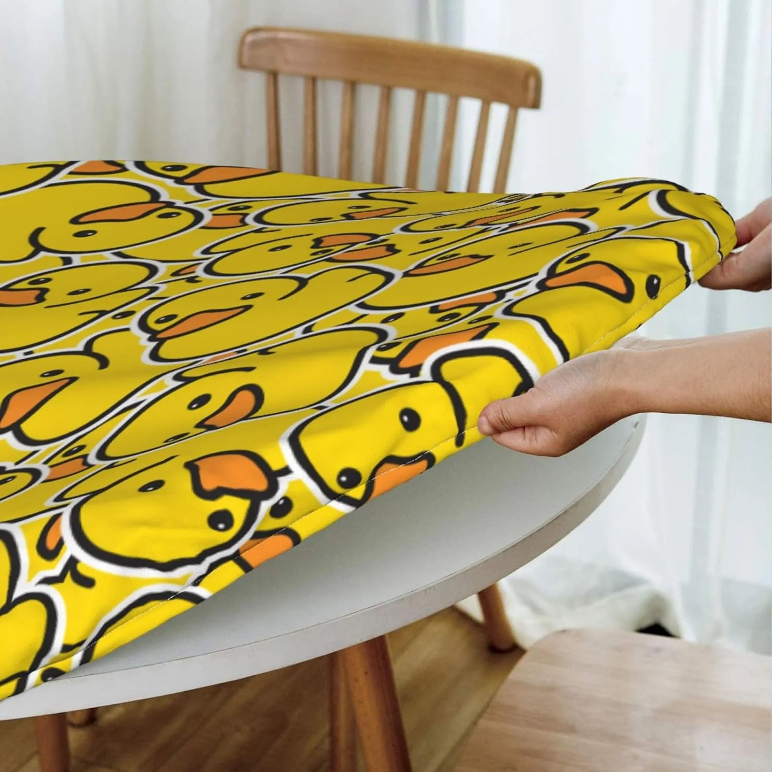 Fiokroo Cute Rubber Ducks Tablecloth with Elastic Edge, Round Table Cloth Yellow Cartoon Ducky Washable Reusable Table Cover for Kitchen Dining Party Picnic, Small (Suitable for 40-44 in)