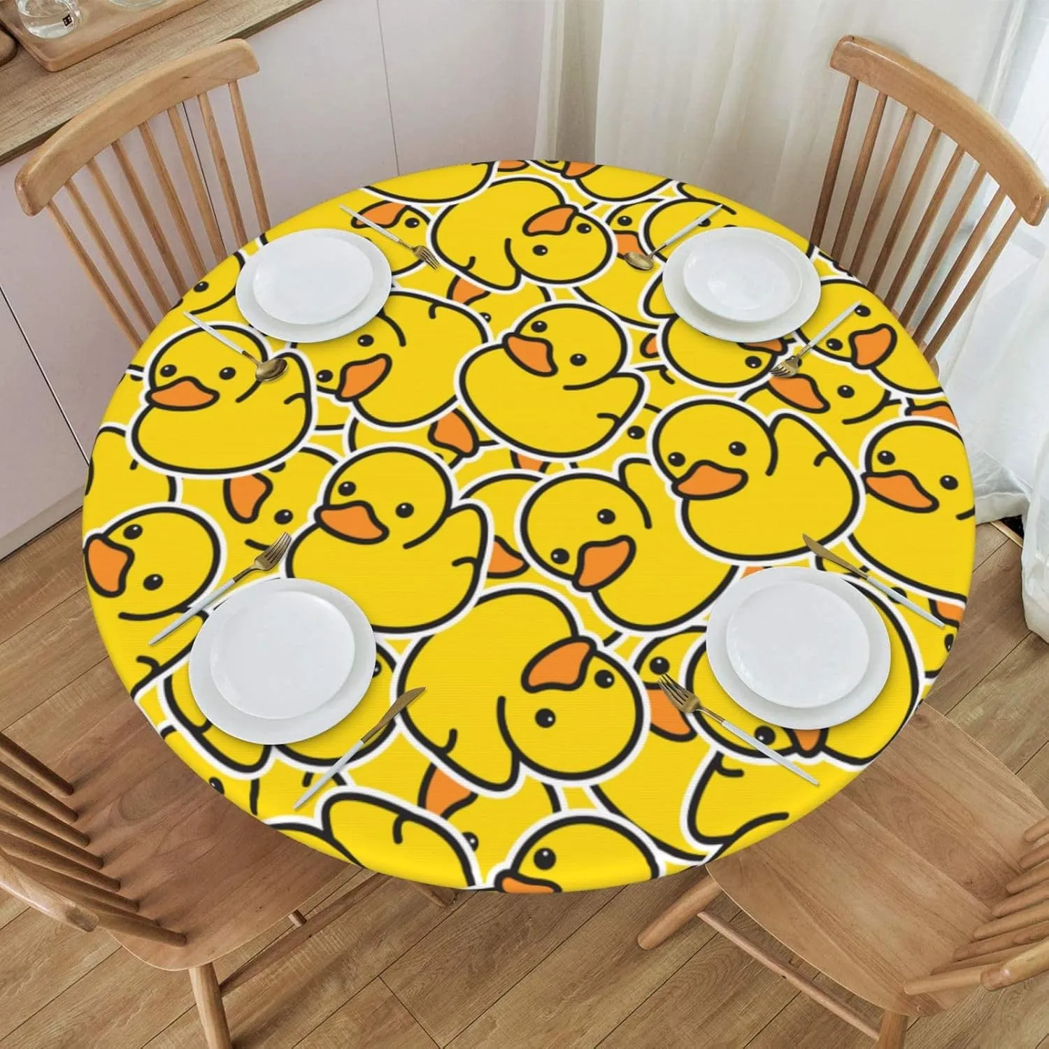 Fiokroo Cute Rubber Ducks Tablecloth with Elastic Edge, Round Table Cloth Yellow Cartoon Ducky Washable Reusable Table Cover for Kitchen Dining Party Picnic, Small (Suitable for 40-44 in)