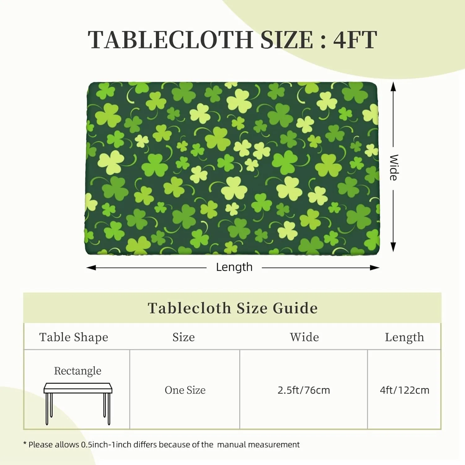 Fiokroo Happy St. Patrick's Day Tablecloth with Elastic Edge for 4ft Rectangle Table, Table Cloth Lucky Clover Washable Table Cover for Kitchen Dining Party Outdoor Picnic Decoration, 48" L X 30" W