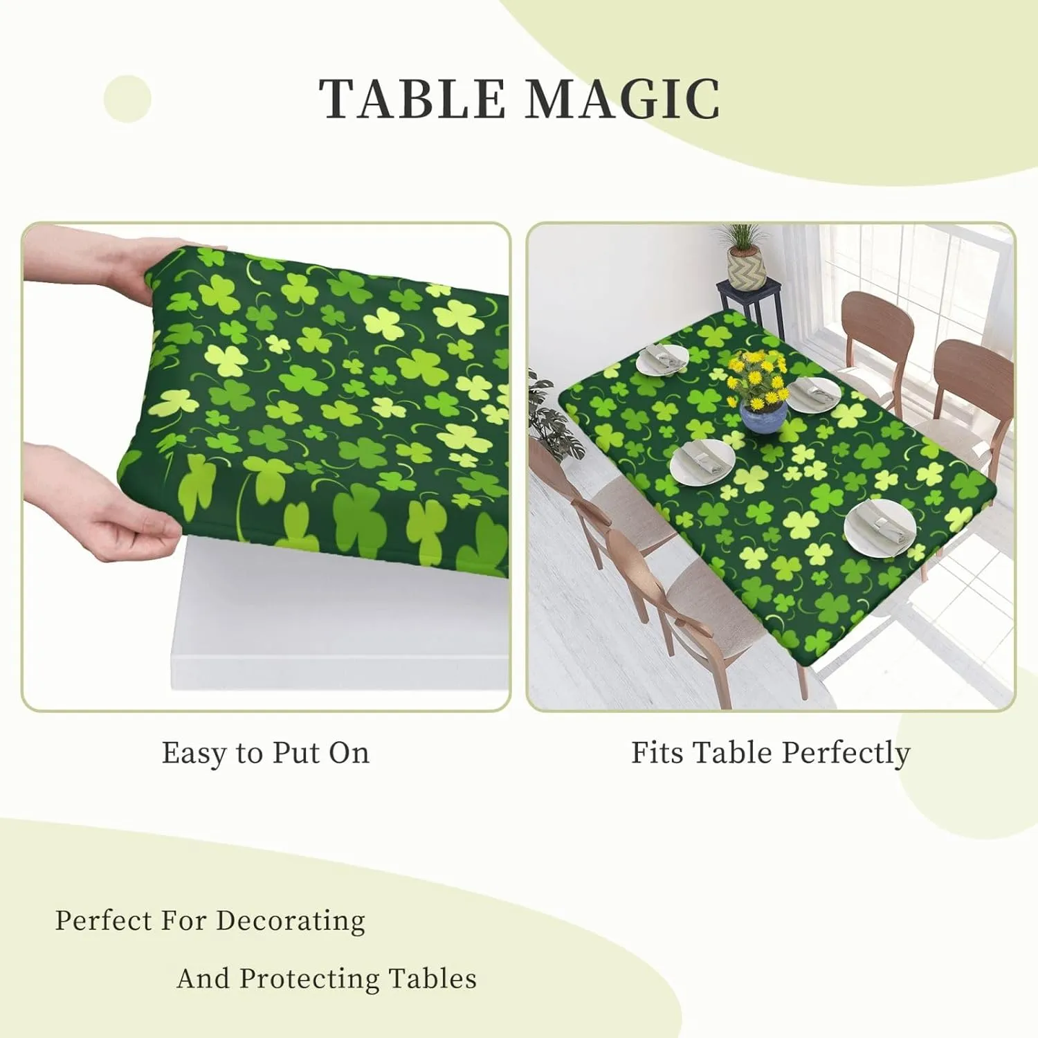 Fiokroo Happy St. Patrick's Day Tablecloth with Elastic Edge for 4ft Rectangle Table, Table Cloth Lucky Clover Washable Table Cover for Kitchen Dining Party Outdoor Picnic Decoration, 48" L X 30" W