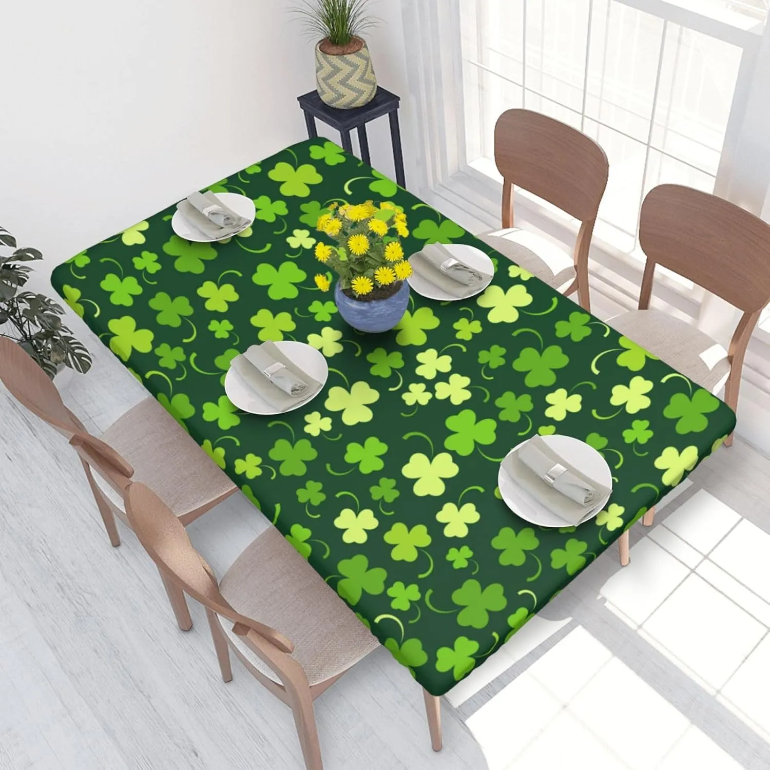 Fiokroo Happy St. Patrick's Day Tablecloth with Elastic Edge for 4ft Rectangle Table, Table Cloth Lucky Clover Washable Table Cover for Kitchen Dining Party Outdoor Picnic Decoration, 48" L X 30" W