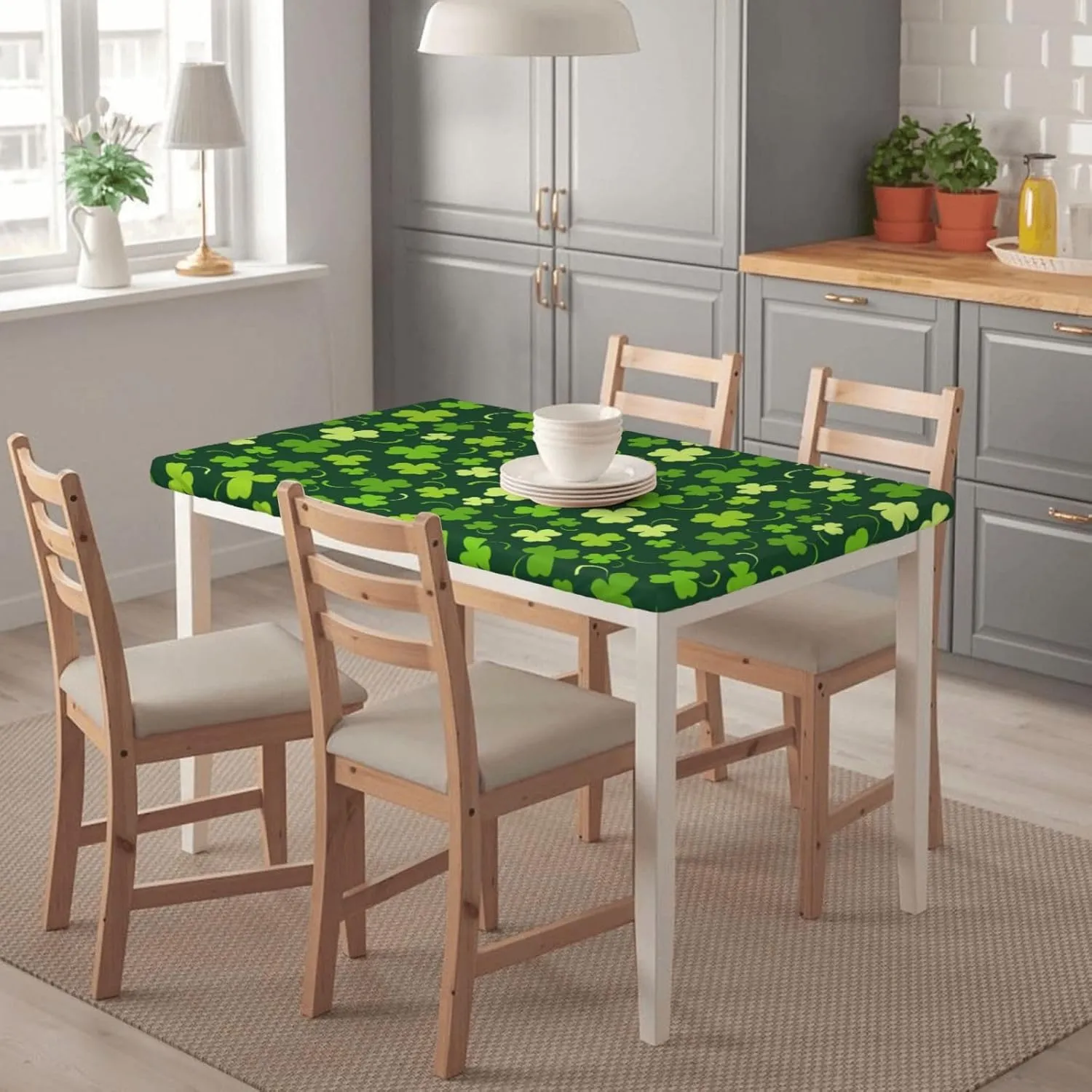Fiokroo Happy St. Patrick's Day Tablecloth with Elastic Edge for 4ft Rectangle Table, Table Cloth Lucky Clover Washable Table Cover for Kitchen Dining Party Outdoor Picnic Decoration, 48" L X 30" W