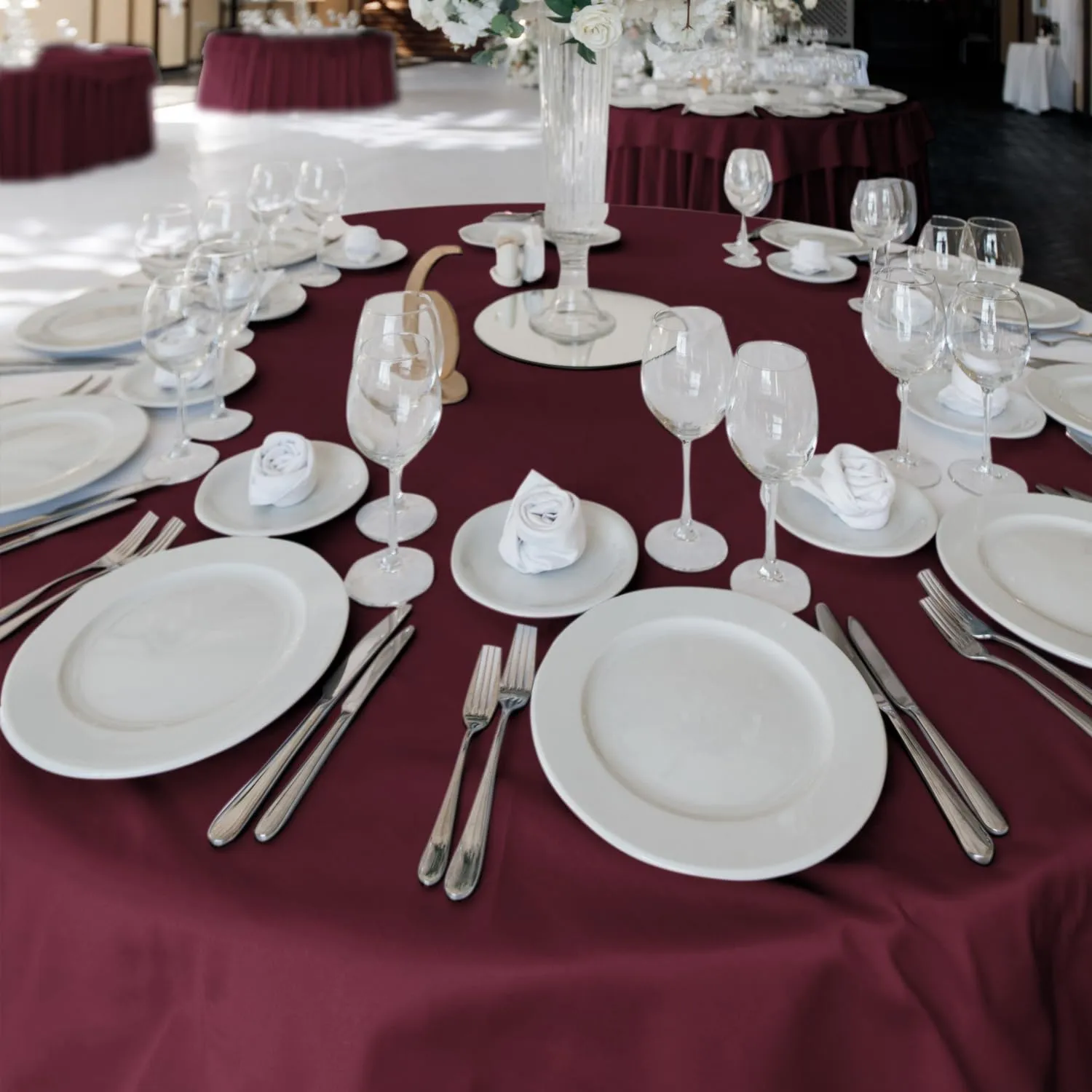 Fitable 6 Pack Burgundy Round Tablecloths - 120 Inches in Diameter - Stain Resistant and Washable Table Clothes, Polyester Fabric Table Covers for Wedding, Party, Banquet, Formal Events