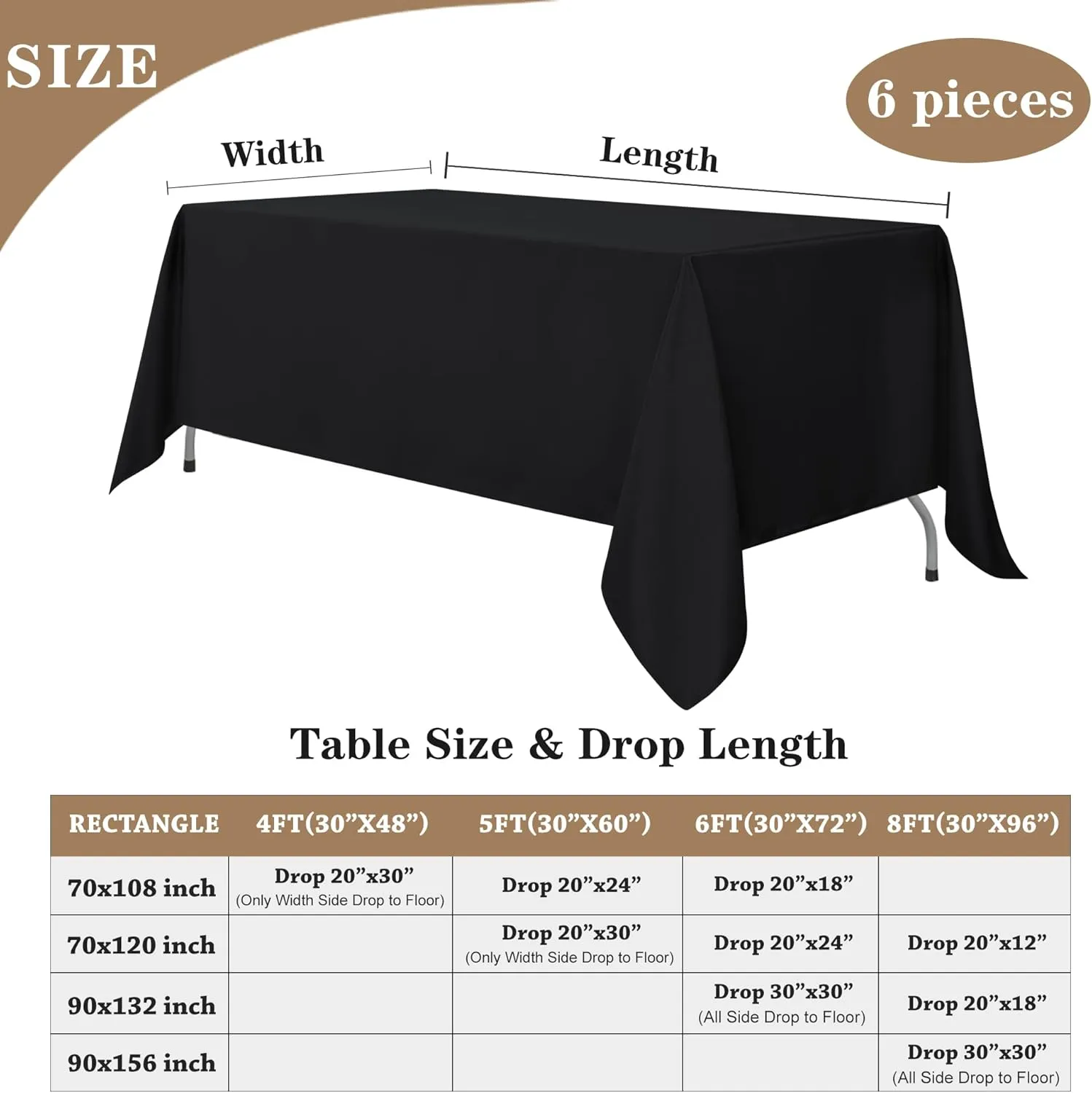 Fitable Black Tablecloths for Rectangle Tables, 6 Pack - 70 x 120 Inches - Reusable and Washable Table Clothes for 6-8 Ft Tables, Polyester Fabric Table Covers for Wedding, Party, Banquet