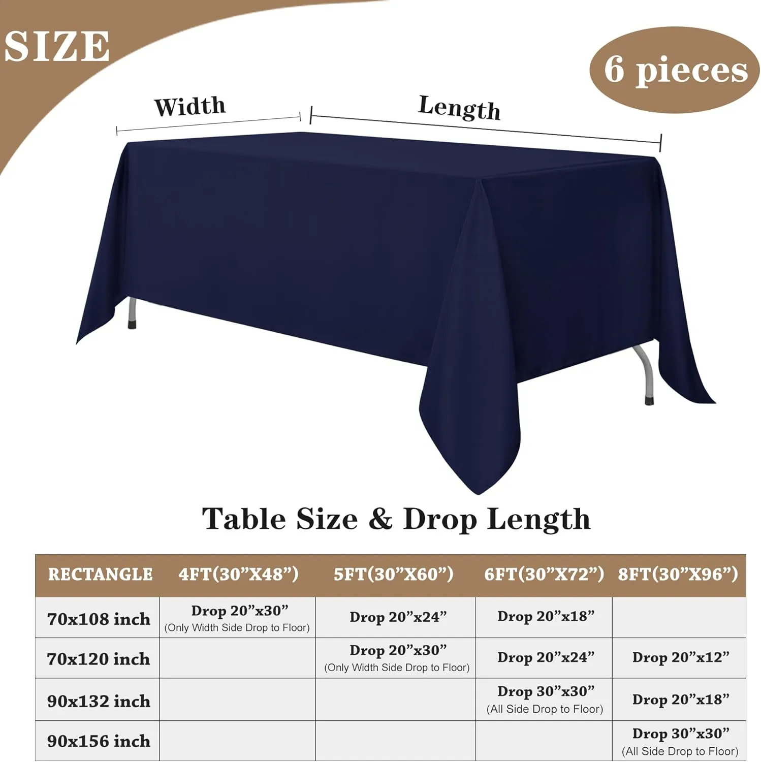 Fitable Navy Tablecloths for 6-8 Foot Tables, 6 Pack - 70 x 120 Inches - Reusable and Washable Table Clothes, Polyester Fabric Table Covers for Wedding, Party, Banquet