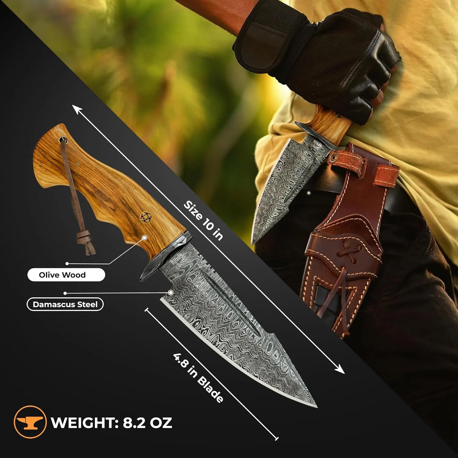 Fixed Blade Damascus Hunting Knife With Holster Bowie Knife, Handmade Tactical Knives For Men, Ideal for Camping, Outdoor, Skinning, Fishing, Bushcraft, Self Defense