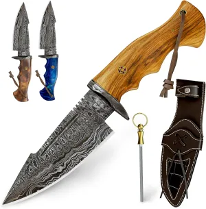 Fixed Blade Damascus Hunting Knife With Holster Bowie Knife, Handmade Tactical Knives For Men, Ideal for Camping, Outdoor, Skinning, Fishing, Bushcraft, Self Defense