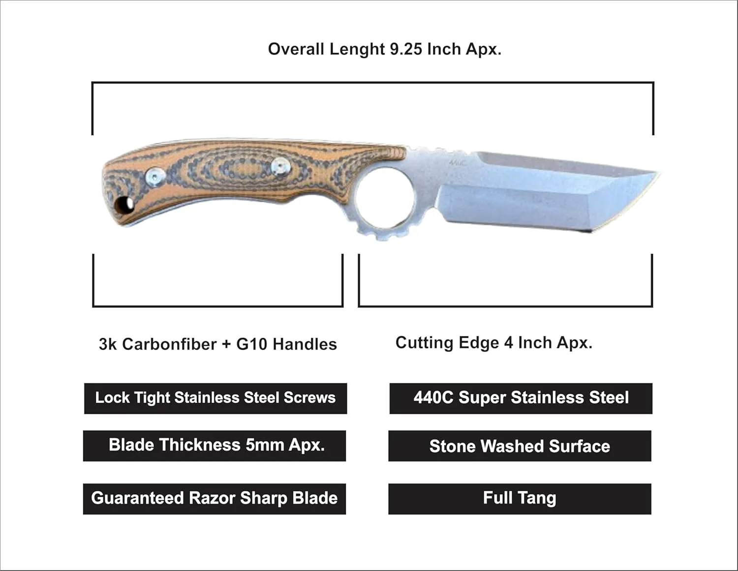 Fixed Blade Knife, Carbonfiber & G10 Scales, EDC With Kydex Sheath - Ideal for Skinning, Survival, Camping, Hunting & Outdoor - Tactical Pocket Knives For Outdoors (AT-004)