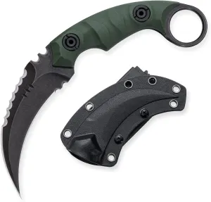 Fixed Blade Knife, D2 Steel Blade, G10 Handle, Tactical EDC, Double Edged, Claw Knife, Utility for Outdoor Survival, Hiking, Camping with Kydex Sheath OK1212 (Green/Black)