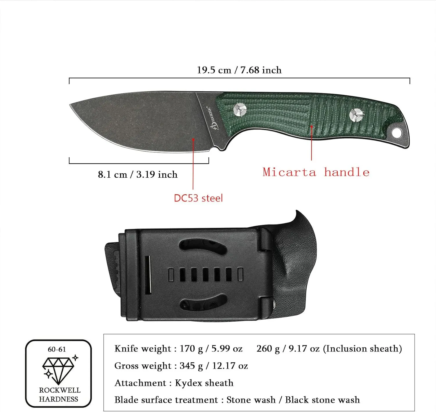 Fixed Blade Tactical Knife DC53 Steel Micarta Handle Kydex Sheath for Camping Hunting EDC (Black Green)