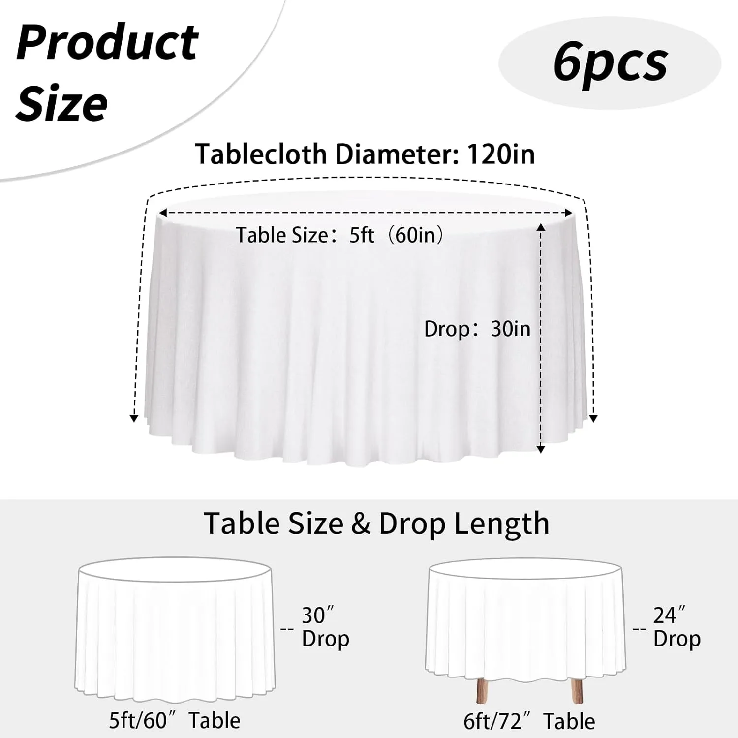 Fixwal 120 Inch White Round Tablecloth, 6 Pack Round Table Cloth Polyester Fabric Washable Table Covers for Wedding, Party, Banquet, Dining, Birthday Events