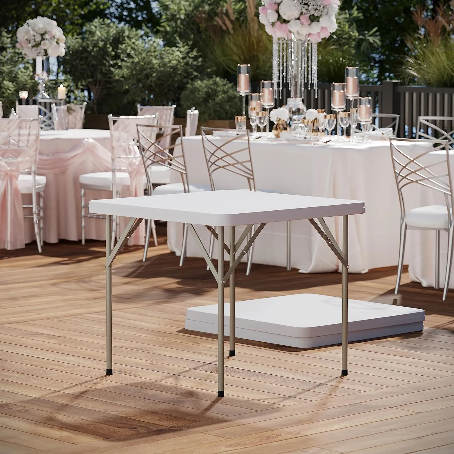 Flash Furniture Elon 2.85' Square Plastic Folding Event Table for Indoor/Outdoor Events, Portable Banquet Table with Locking Legs, White