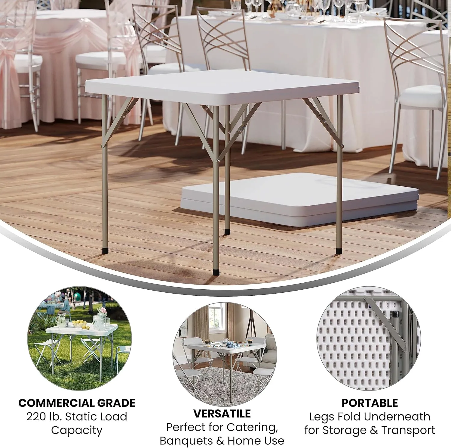 Flash Furniture Elon 2.85' Square Plastic Folding Event Table for Indoor/Outdoor Events, Portable Banquet Table with Locking Legs, White