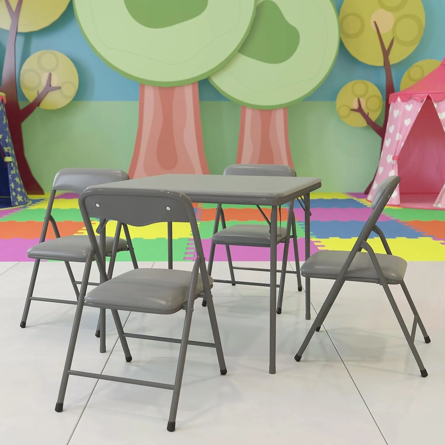 Flash Furniture Mindy Kids 5-Piece Folding Square Table and Chairs Set for Daycare and Classrooms, Children's Activity Table and Chairs Set, Gray