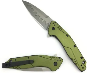 Flipper Assisted Opening Pocket Knife, 3.15 inch Composite Steel Blade, Liner Lock Mechanism, Olive Green Aluminum Handle, Dividend Folding Knife with Pocket Clip for Camping