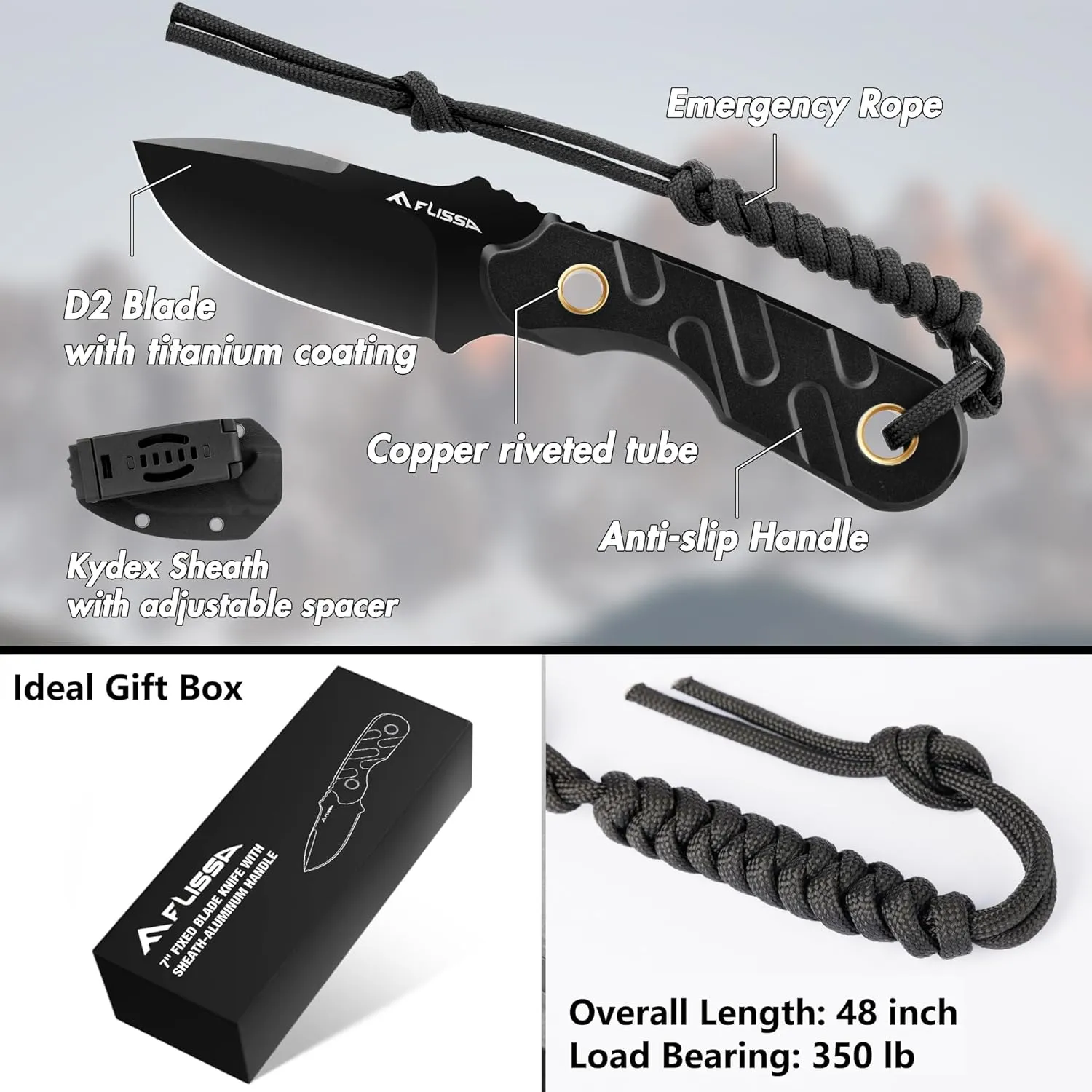FLISSA Fixed Blade Knife, 7 Inch Full Tang Hunting Knife with Kydex Sheath and Emergency Rope, Tactical Knife for Survival, Camping, Hiking(Black)
