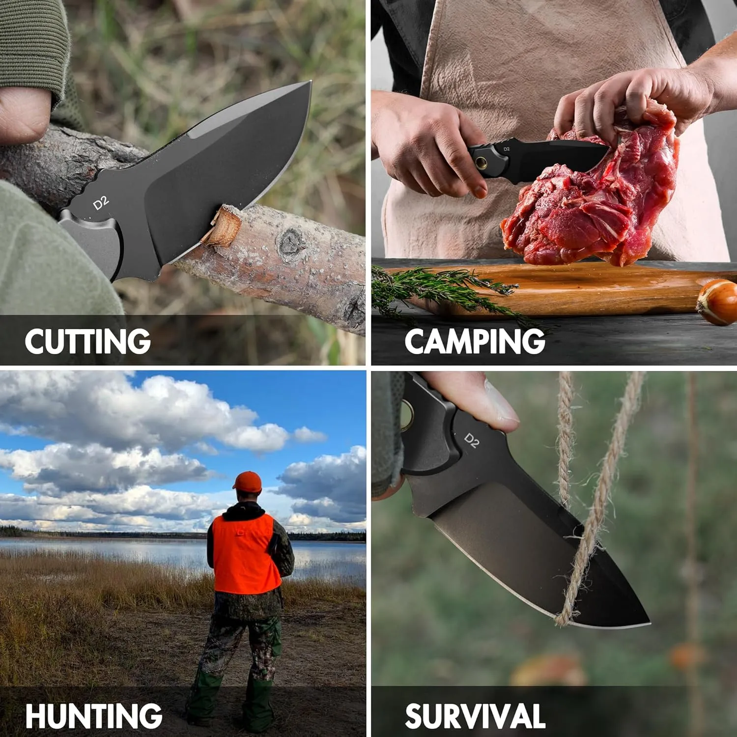 FLISSA Fixed Blade Knife, 7 Inch Full Tang Hunting Knife with Kydex Sheath and Emergency Rope, Tactical Knife for Survival, Camping, Hiking(Black)