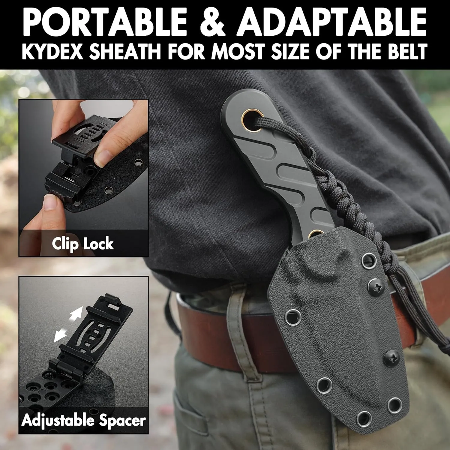 FLISSA Fixed Blade Knife, 7 Inch Full Tang Hunting Knife with Kydex Sheath and Emergency Rope, Tactical Knife for Survival, Camping, Hiking(Black)