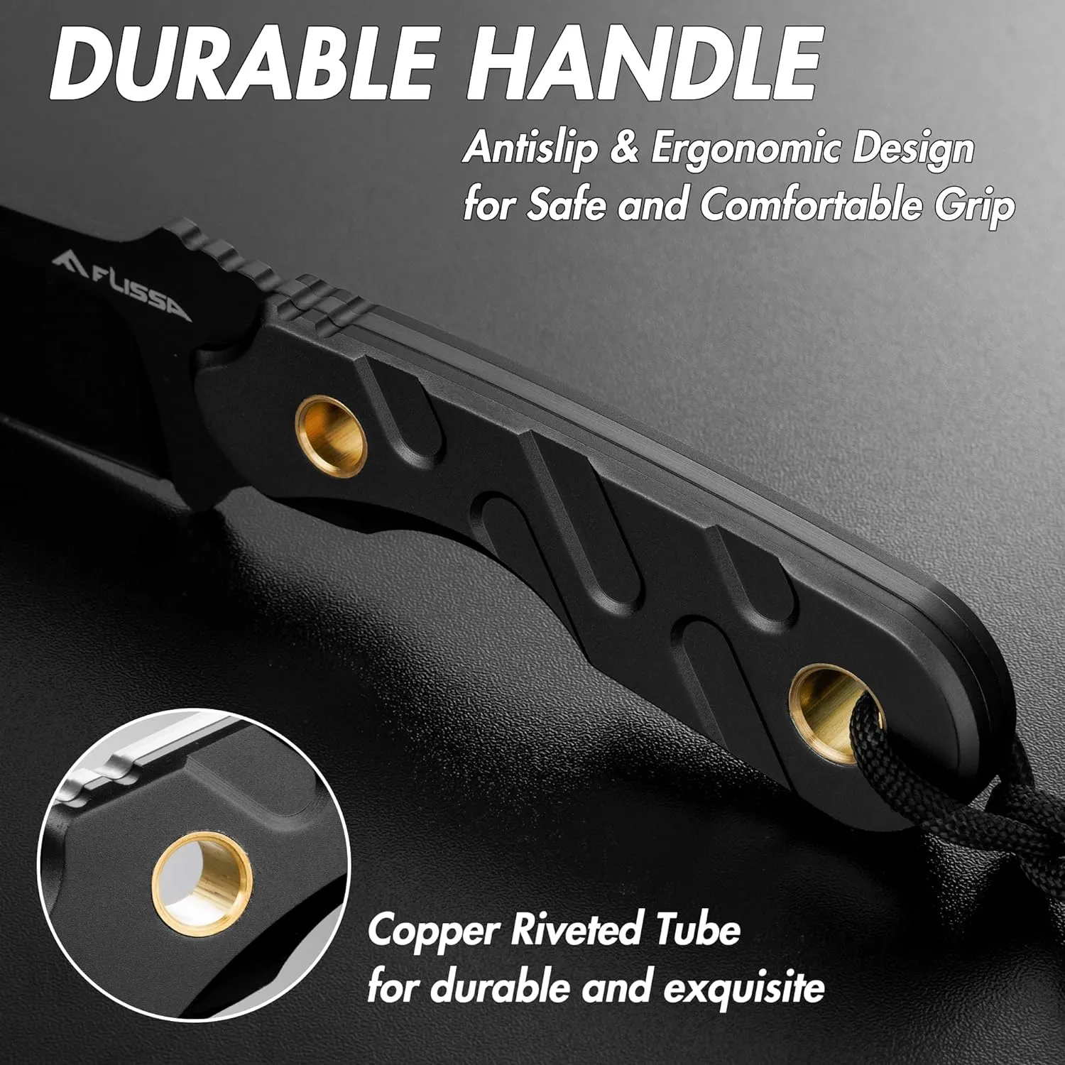 FLISSA Fixed Blade Knife, 7 Inch Full Tang Hunting Knife with Kydex Sheath and Emergency Rope, Tactical Knife for Survival, Camping, Hiking(Black)