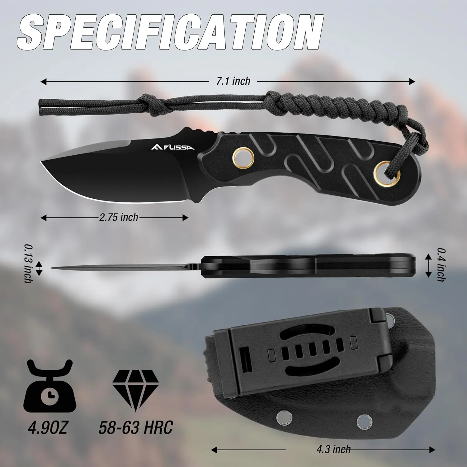 FLISSA Fixed Blade Knife, 7 Inch Full Tang Hunting Knife with Kydex Sheath and Emergency Rope, Tactical Knife for Survival, Camping, Hiking(Black)